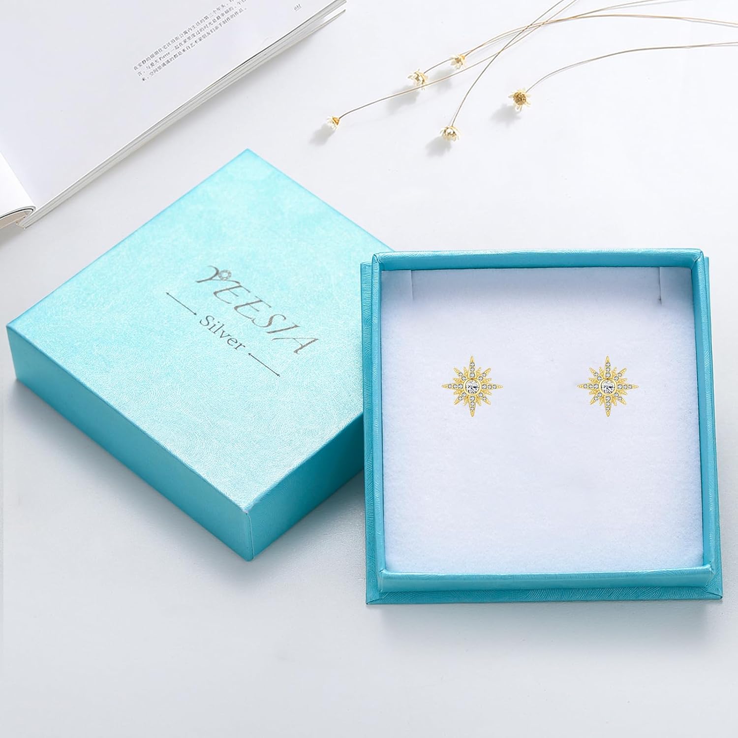 Starburst Earrings 925 Sterling Silver Star Stud Earrings Moonstone/Opal/Birthstone Starburst Jewelry Gift for Women Mother Daughter