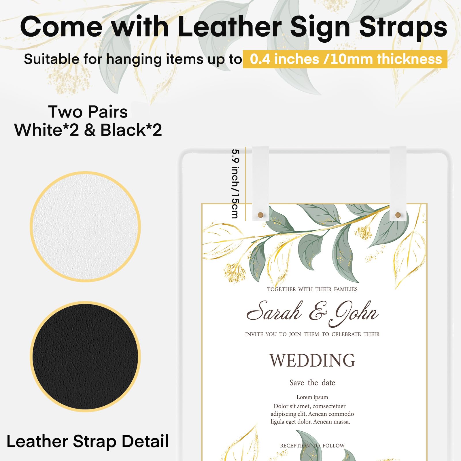 Soporte de exhibición de boda, Ajustable para letreros de bienvenida de 1,2m/1,7M, caballete para cartel de boda de metal caballete de exhibición con 6m de luces de cadena y 4 correas de cuero(blanco)