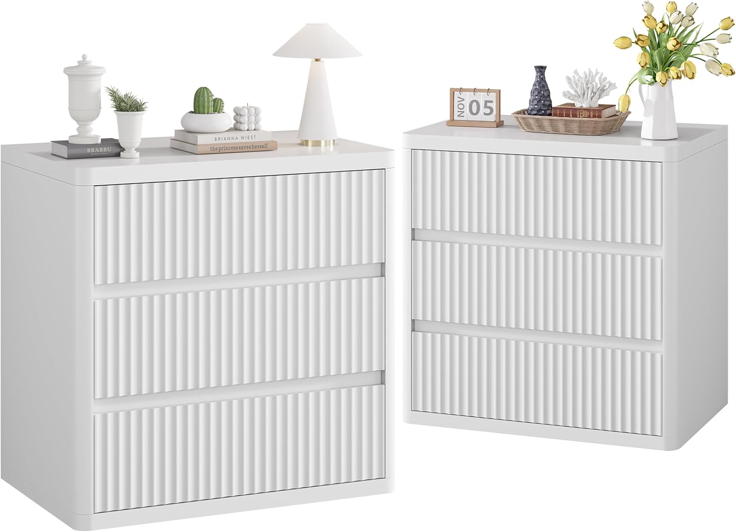 White Nightstand Set of 2, 3 Drawers Night Stand Set, Mid Century Modern Bed Side Table, Large Fluted End Table for Bedroom Living Room Sofa Couch Home Office, Bedside Table with Storage, 24.8” Wide