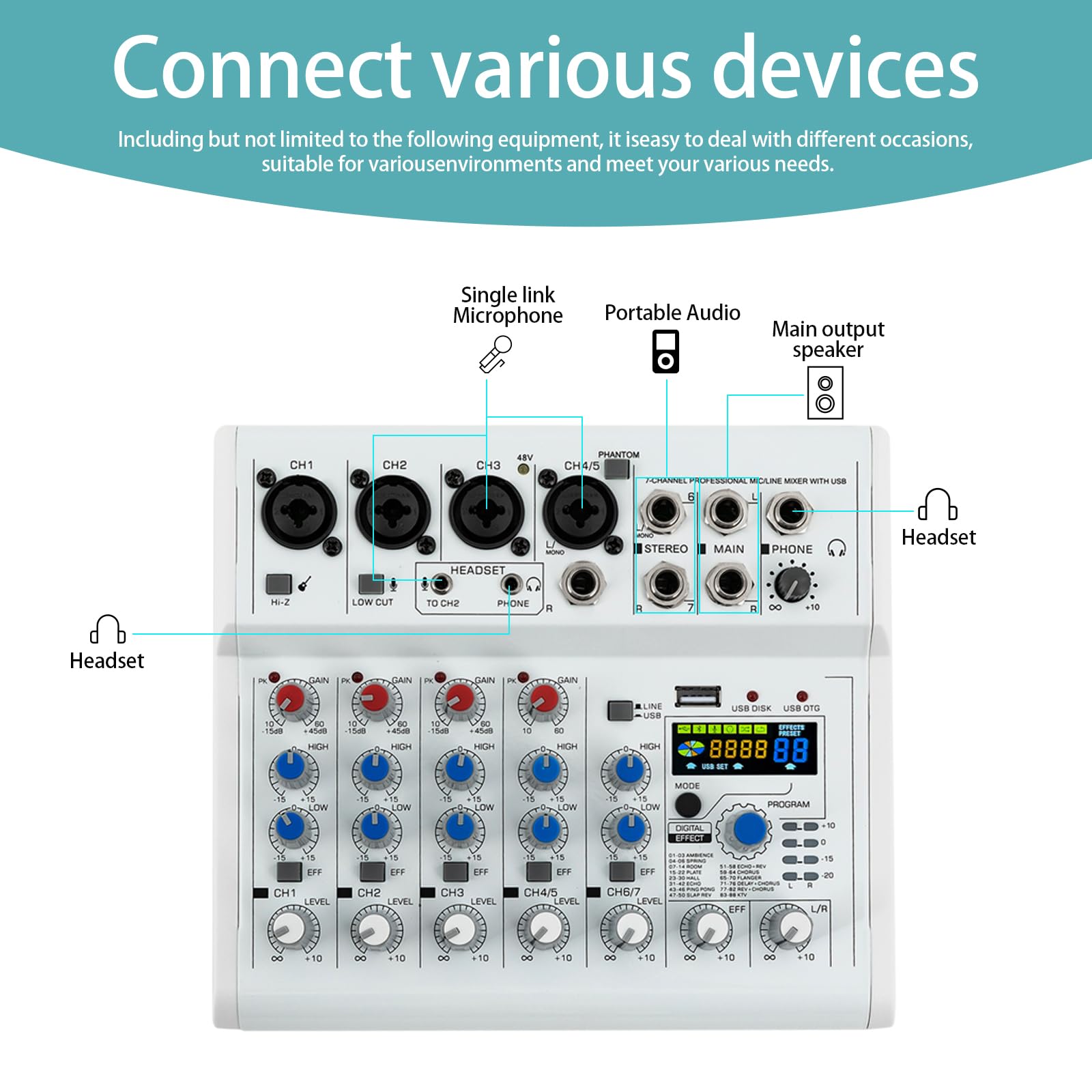 7 Kanal Mischpult, Audio Mixer mit 88 Digital-Effekte Farbdisplay Bluetooth-Kompatible Verbindung 7 Kanal Musik Mixer Studio Bluetooth Mini-Audio-DJ-Mixer