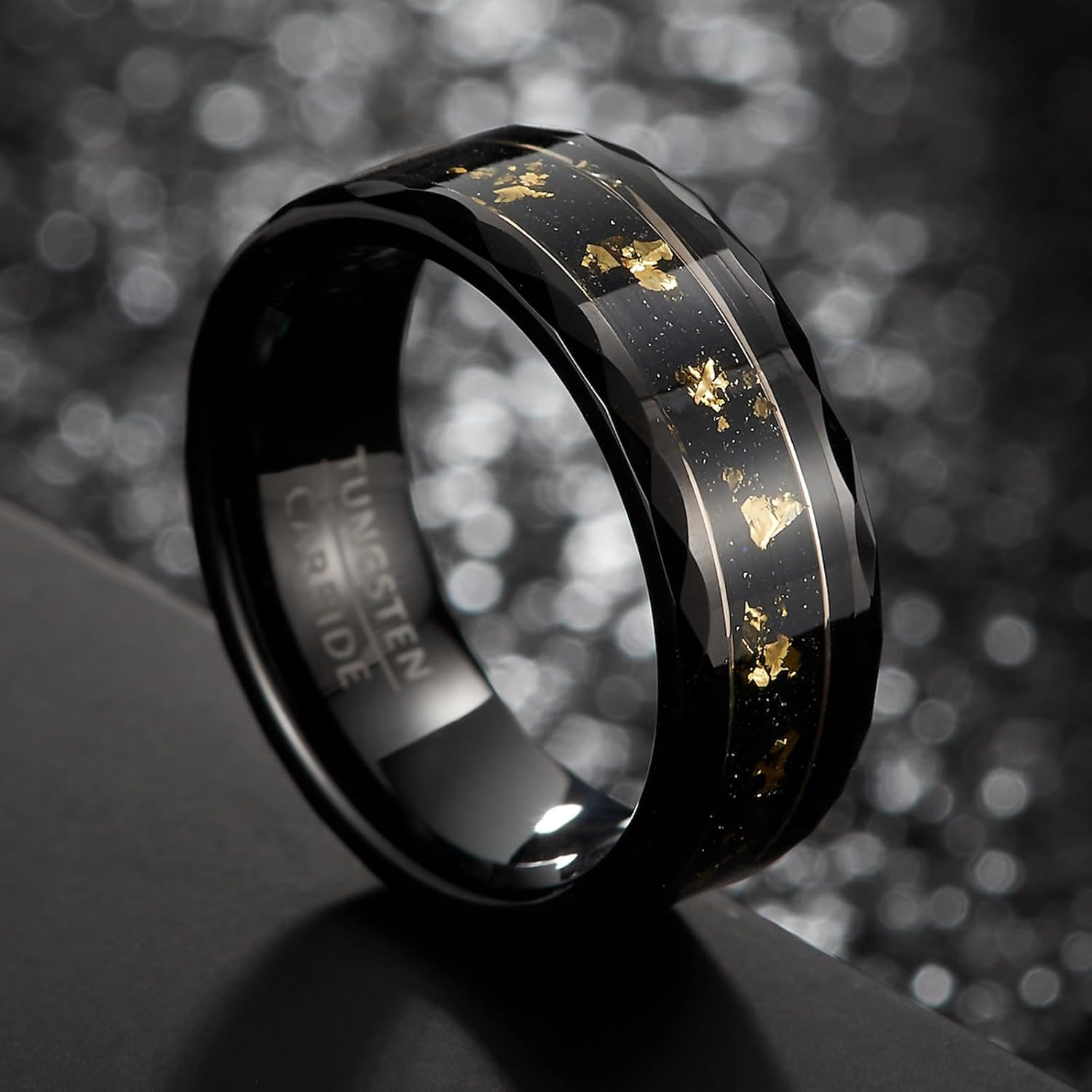 8mm Tungsten Wedding Band, Gallery Inlay with Gold Leaf on Sand Texture, Geometric Cut Sides - Image 3