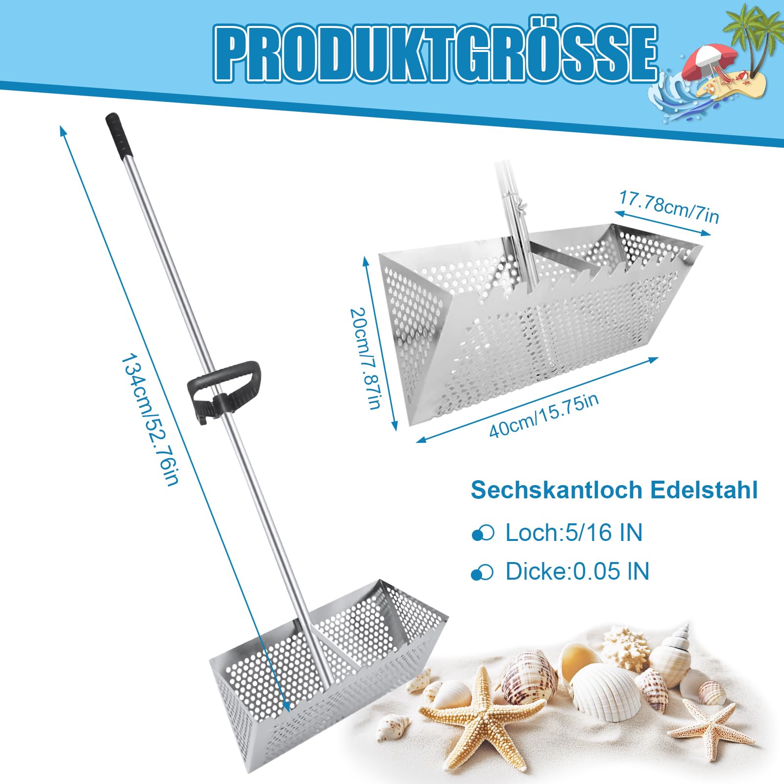 Sandflohharke Groß Edelstahl Strandsand Sieb Mit 138 cm Langem Stiel und 40 X 18 cm GroßEm Korb, Abnehmbares Strandsieb Zum Strandangeln und Auffangen des Meeres