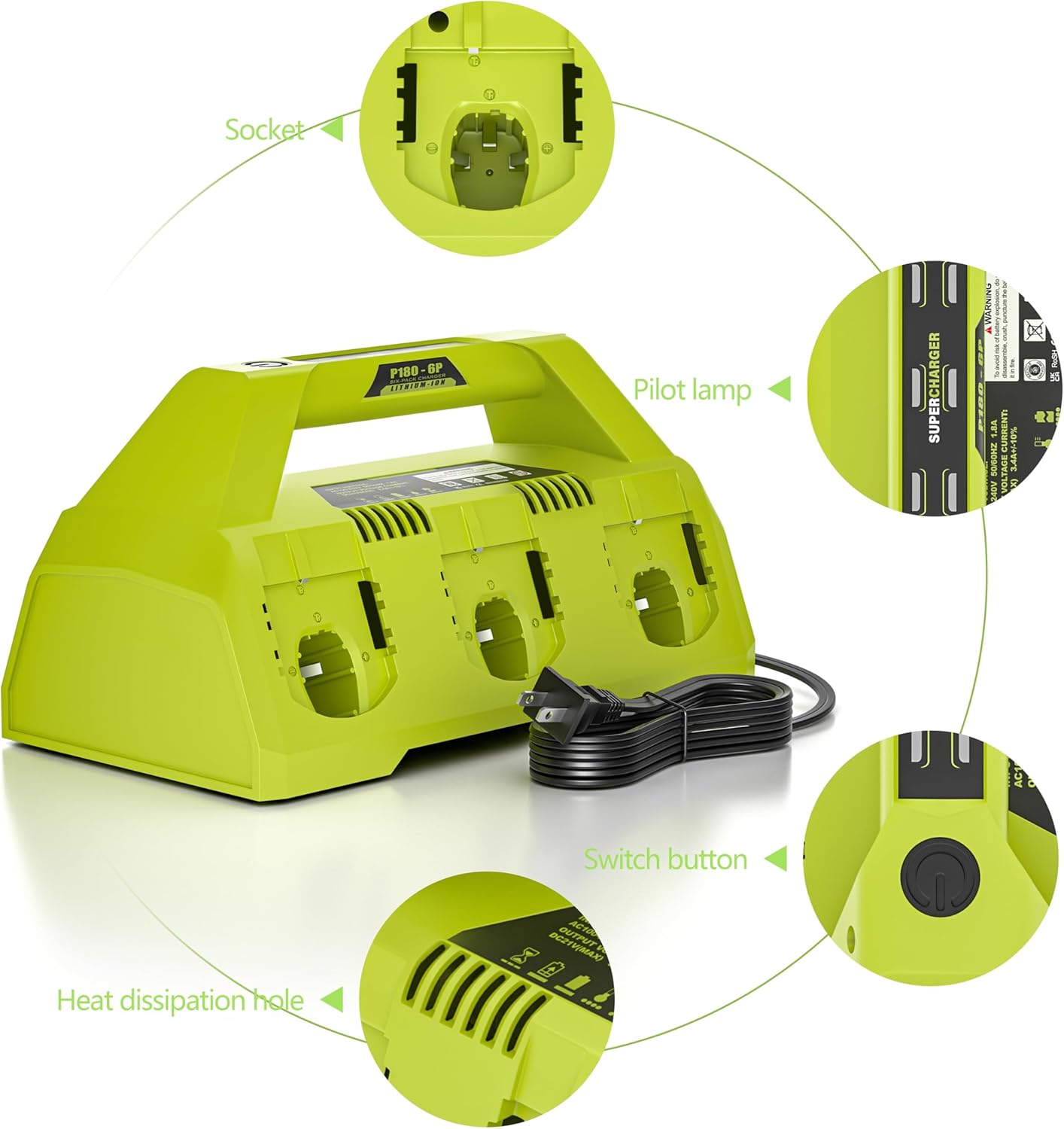 18V P135 ONE+ 6-Ports Replacement Battery Charger with Ryobi Ryobi P102 P104 P105 P106 P108 P107 P109 Battery Charger