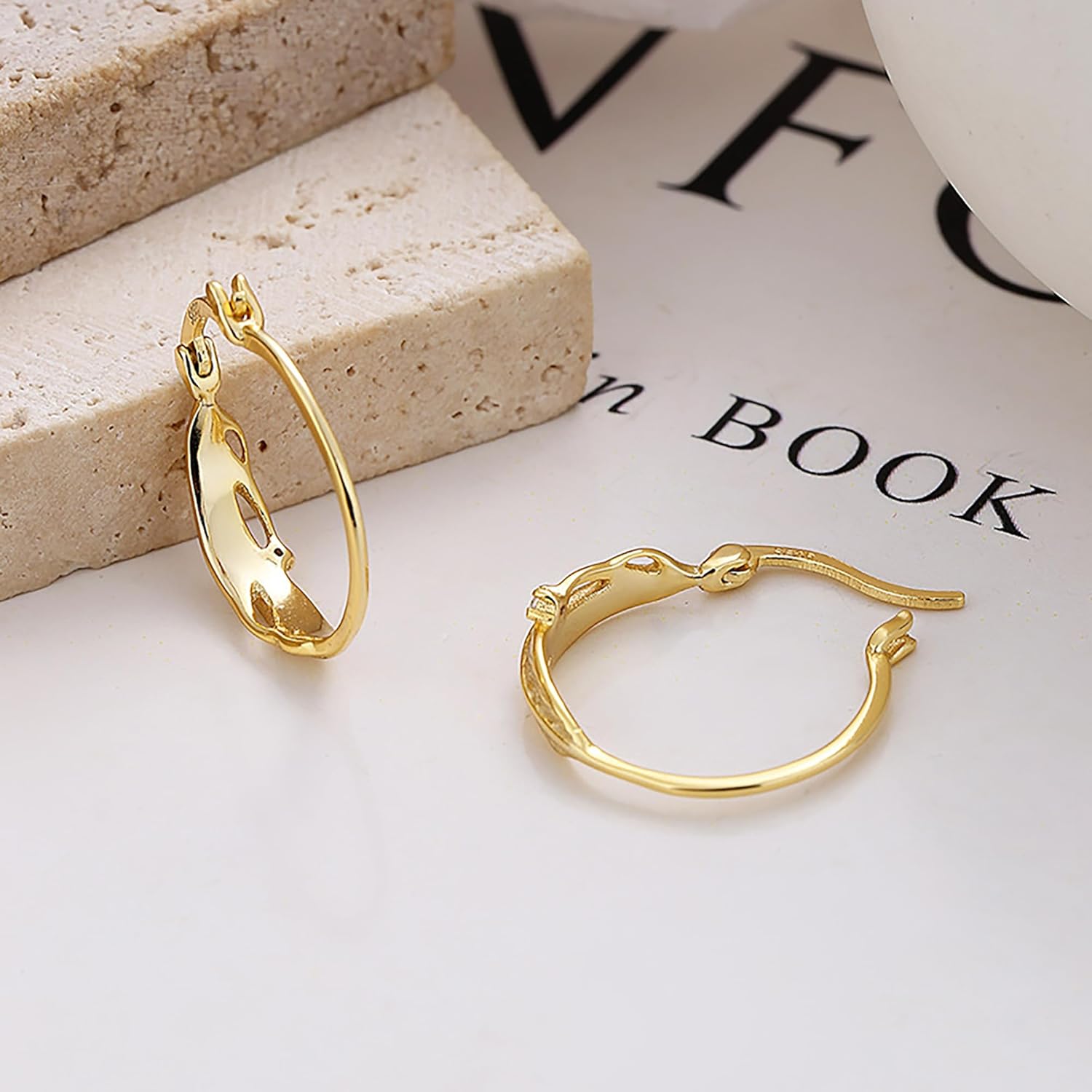 LOVECOM 14k Gold Plated Feather Filigree Hoop Earrings for Women Cute 925 Sterling Silver Post Leaf with CZ Animals Huggie Earring Women's Round Hypoallergenic Earring Jewelry Gifts to Daughter - Image 5