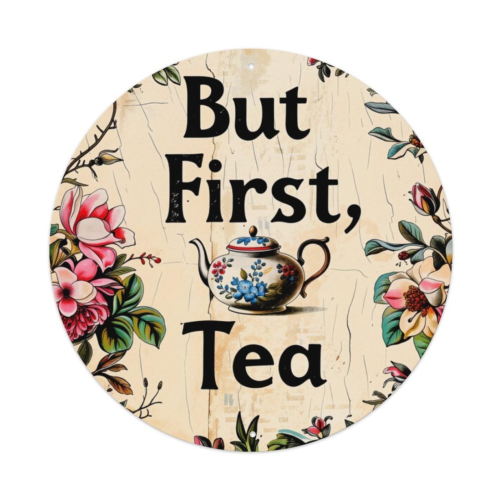 Floral Teapot Vintage Text Pattern Round Tin Sign Retro Metal Sign for Cafe Bar Pub Home Game Room Gym Club Wall Decoration Vintage Metal Poster 8x8 Inch