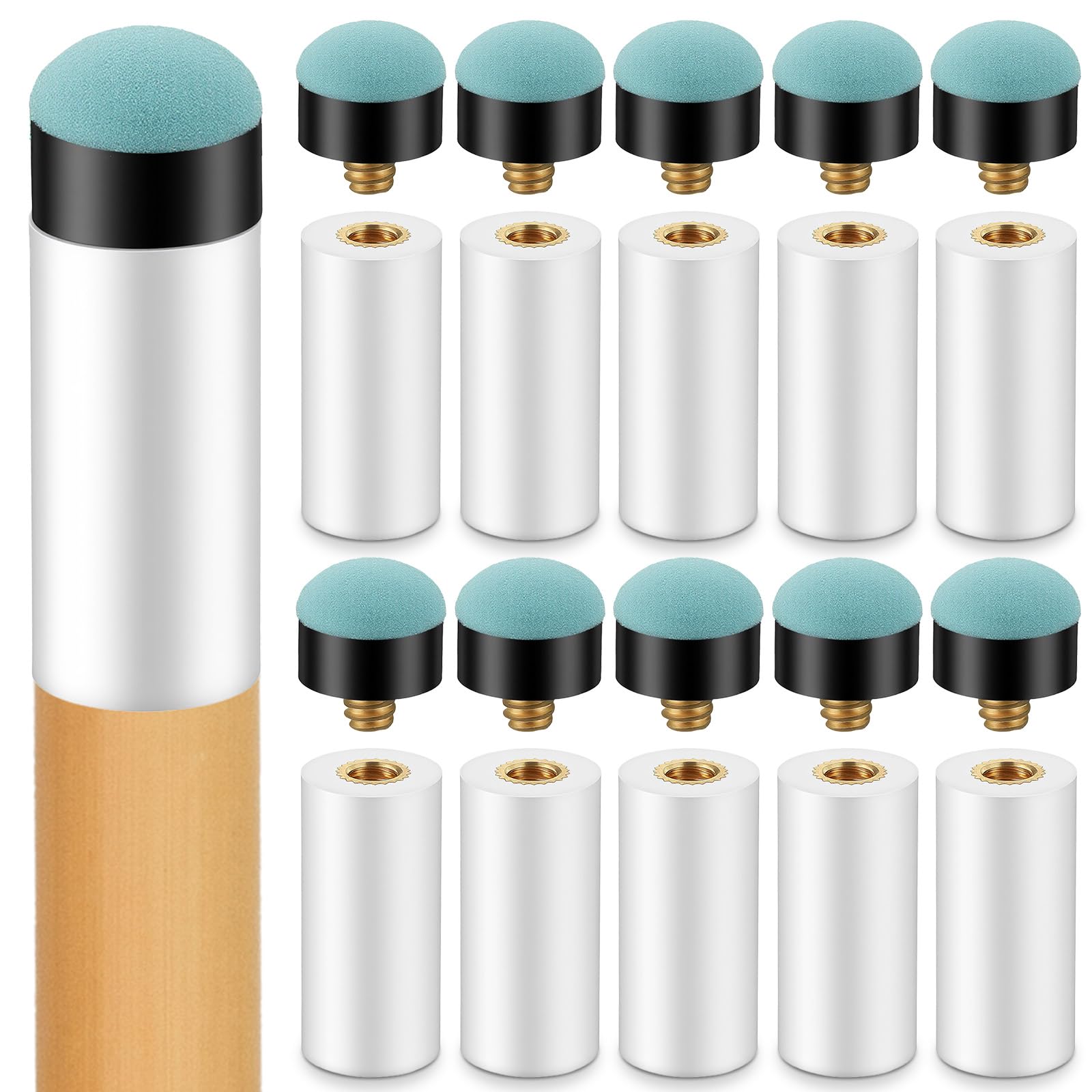 APLZGMG 10 Sets Pool Cue Tips Replacement Kit, 12mm & 13mm Screw On Pool Stick Tips with White Ferrules, No Glue or Clamp Needed for Snooker & Billiards (Blue)
