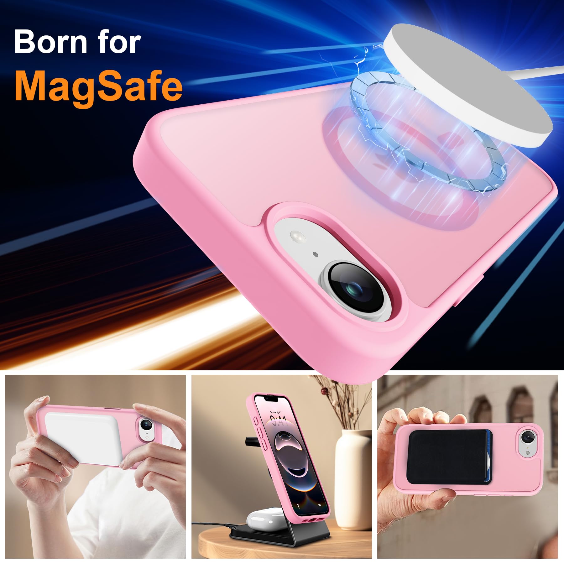 ORETECH Magnetica Cover per iPhone 16e(2025) 6,1 Pollici con 2 Vetro Temperato,Compatibile con MagSafe, Traslucida Opaca Antiurto Ultra Sottile Hard PC iphone 16e Cover-Rosa Chiaro