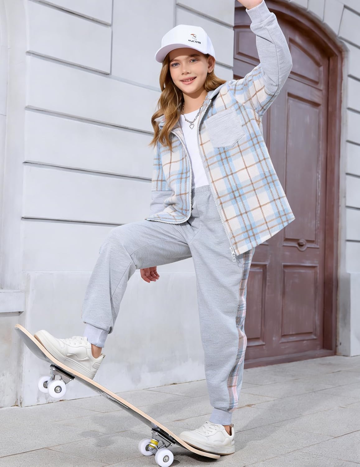 2Pcs Girls Clothes Zip Up Plaid Flannel Hoodie Shirts and Jogger Sweatpants for Kids Fall Winter Spring Outfits - Image 5