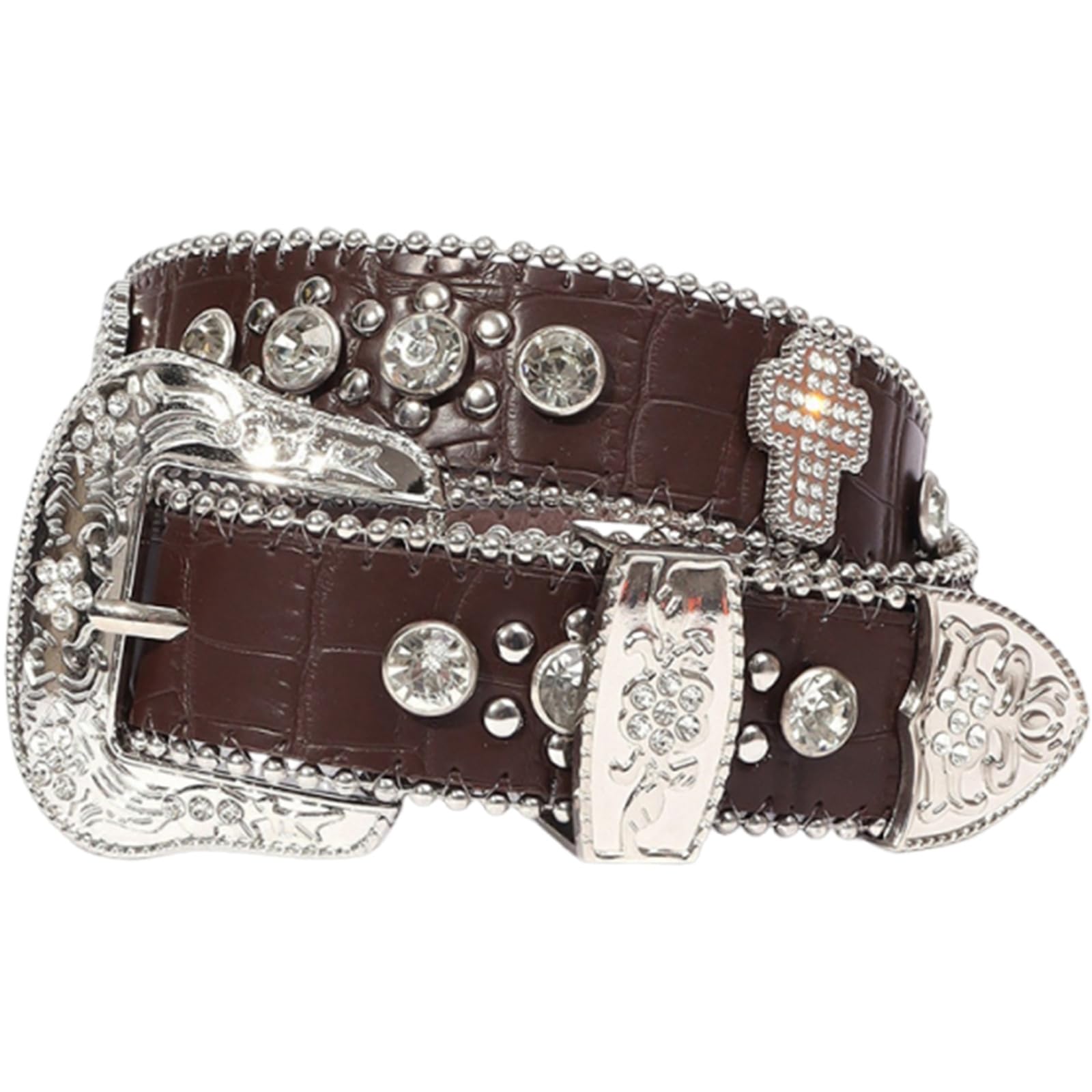 AGUTALITHIC Women's Western Rhinestone Studded Leather Belts Bling Crystal Cowgirl Embossed Waist Strap for Jeans Pants Dress(105cm/41, Coffee - Crocodile)