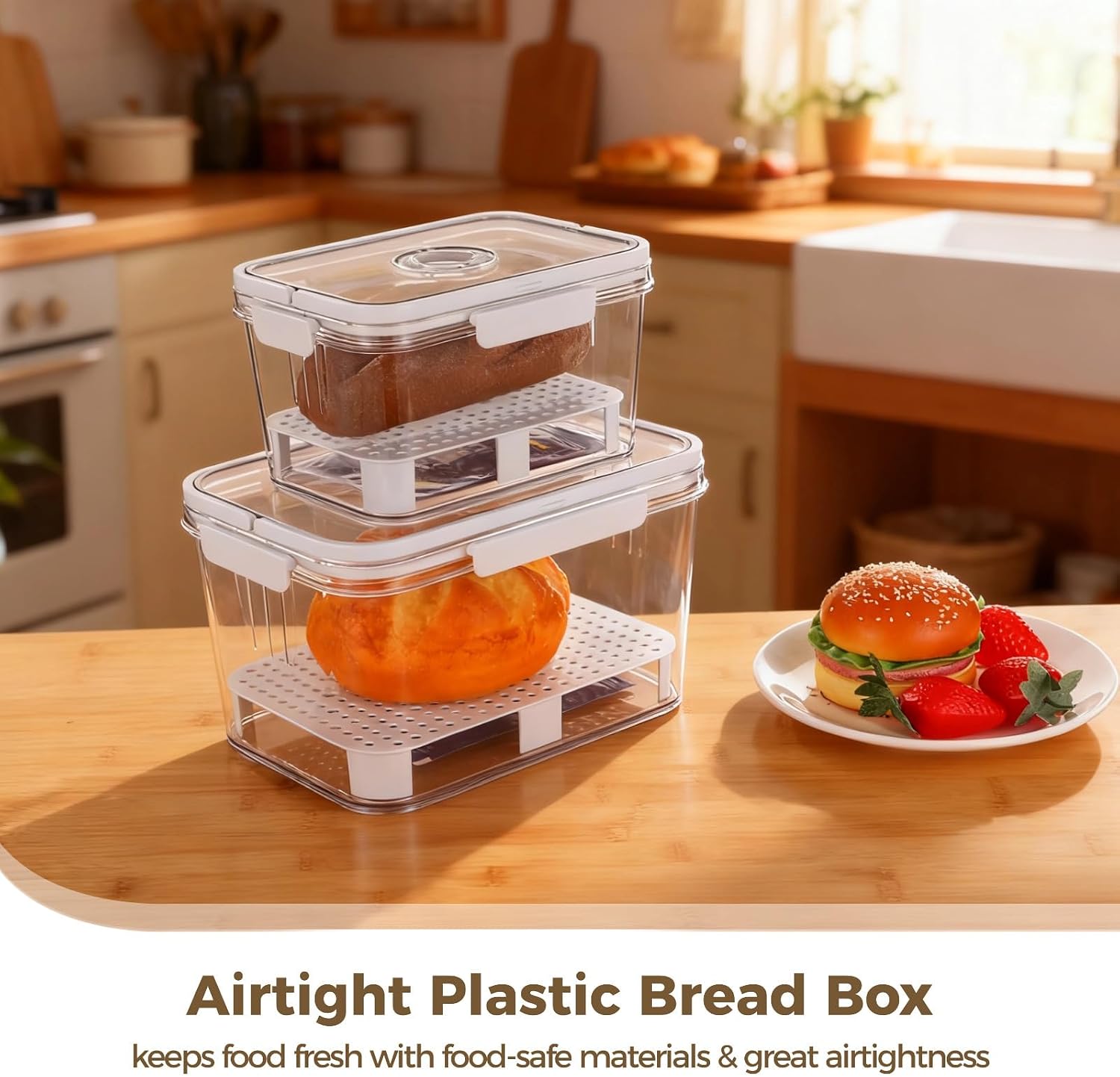 2 Pcs Airtight Food Keeper for Kitchen Countertop, Bread Box Food Storage Container Set with Dividers and Ice Packs, Transparent Plastic, 8.5 X 6.1 X 4.8 in & 10.8 X 7.9 X 6.1 in