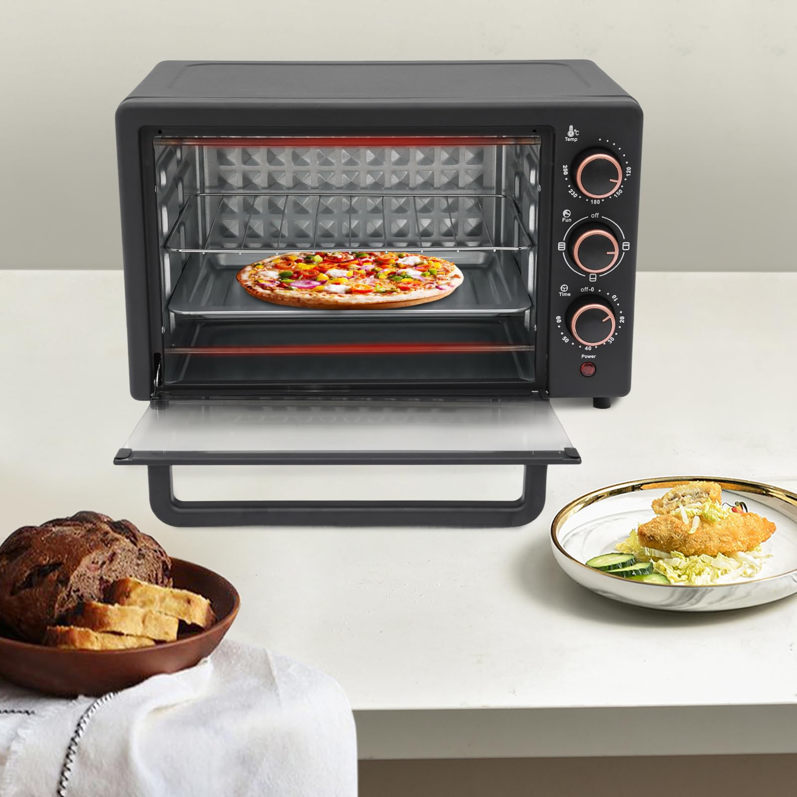 Four électrique 22 l (1000 W) avec façade en verre, 4 barres chauffantes, réglage de la température 120-250 °C, minuterie 60 min, pour pizza, pain, griller et pâtisserie (noir)