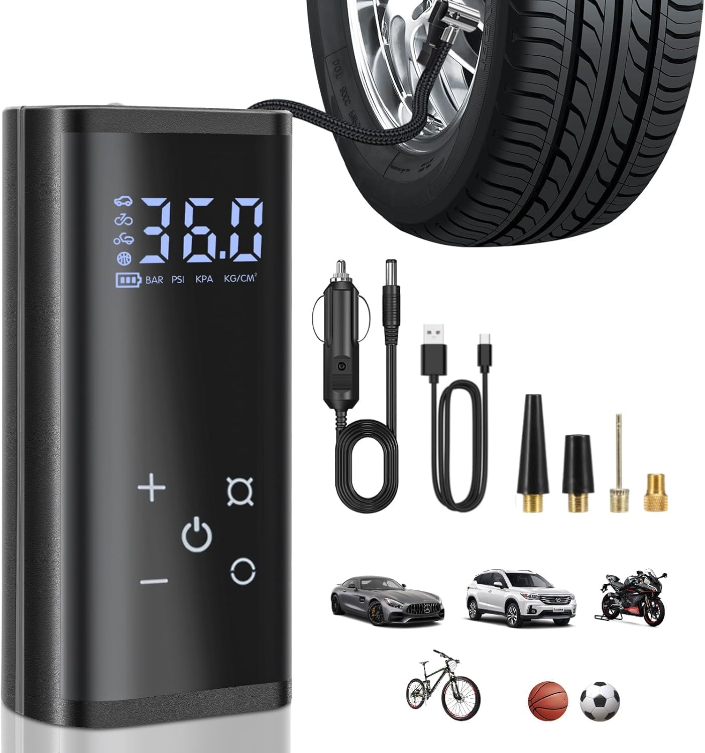 Elektrische Luftpumpe,150 PSI Tragbare Akku Kompressor,6000mAh Fahrradpumpe Luftkompressor für Auto Fahrrad Motorrad Bälle,Touchscreen,über USB-C wiederaufladbar, als Notlampe und Mobile Leistung.