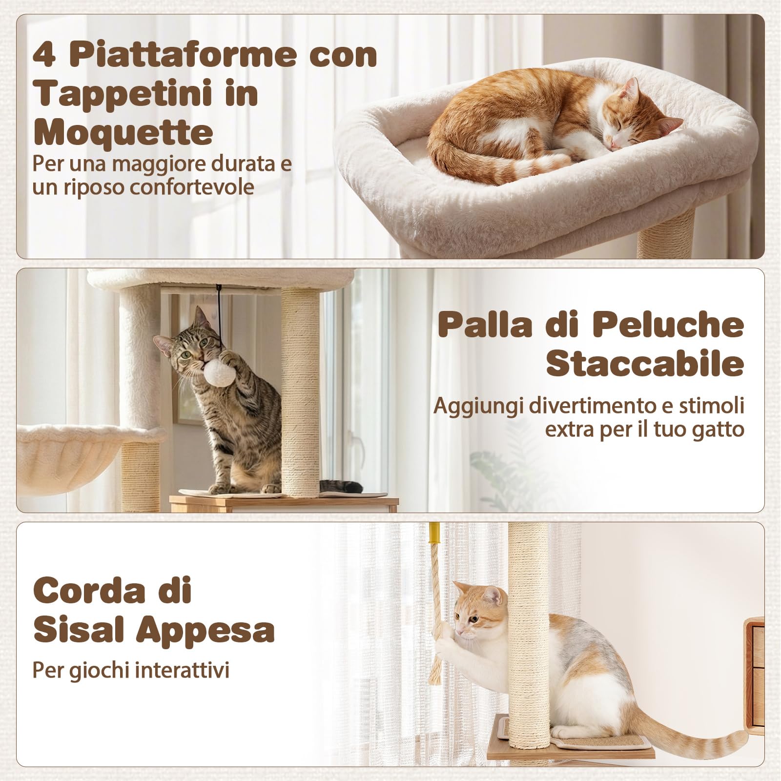COSTWAY Albero per Gatti Moderno Alto 148 cm, Tiragraffi per Gatti con Tiragraffi in Sisal, Condo, Ampio Trespolo, Cesto, Giocattolo, Moquette e Cuscini Lavabili, Grande Torre da Arrampicata in Legno