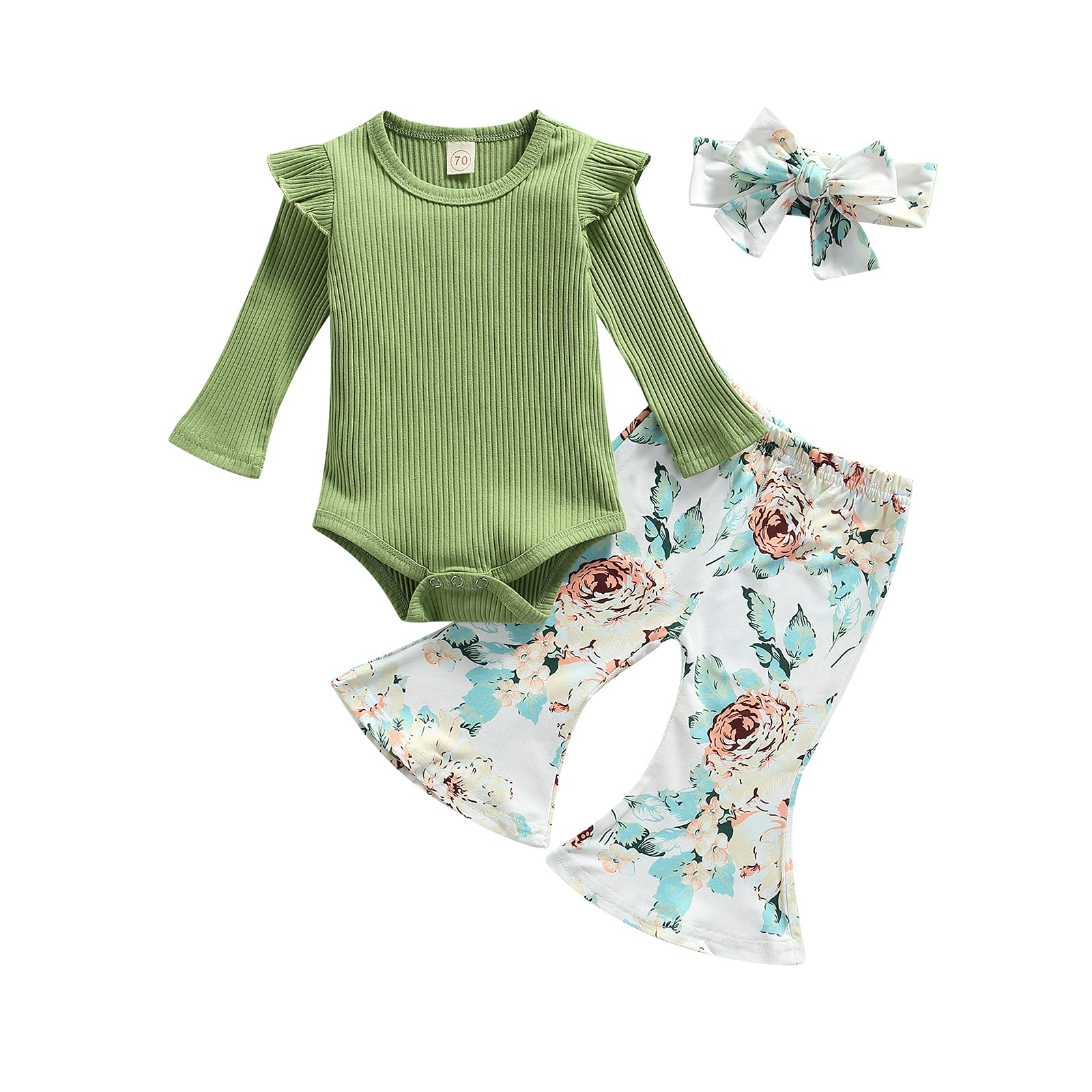 Karesoull Fall Winter Newborn Baby Girl Clothes Set Floral Outfits Infant Long Sleeve Solid Ribbed Tops Flare Pants 3PCS (Green, 12-18 Months)