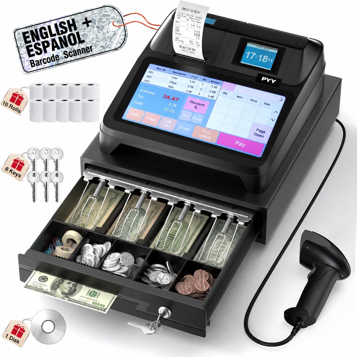 PYY Cash Register for Small Businesses Caja Registradora with Wired Scanner Medium