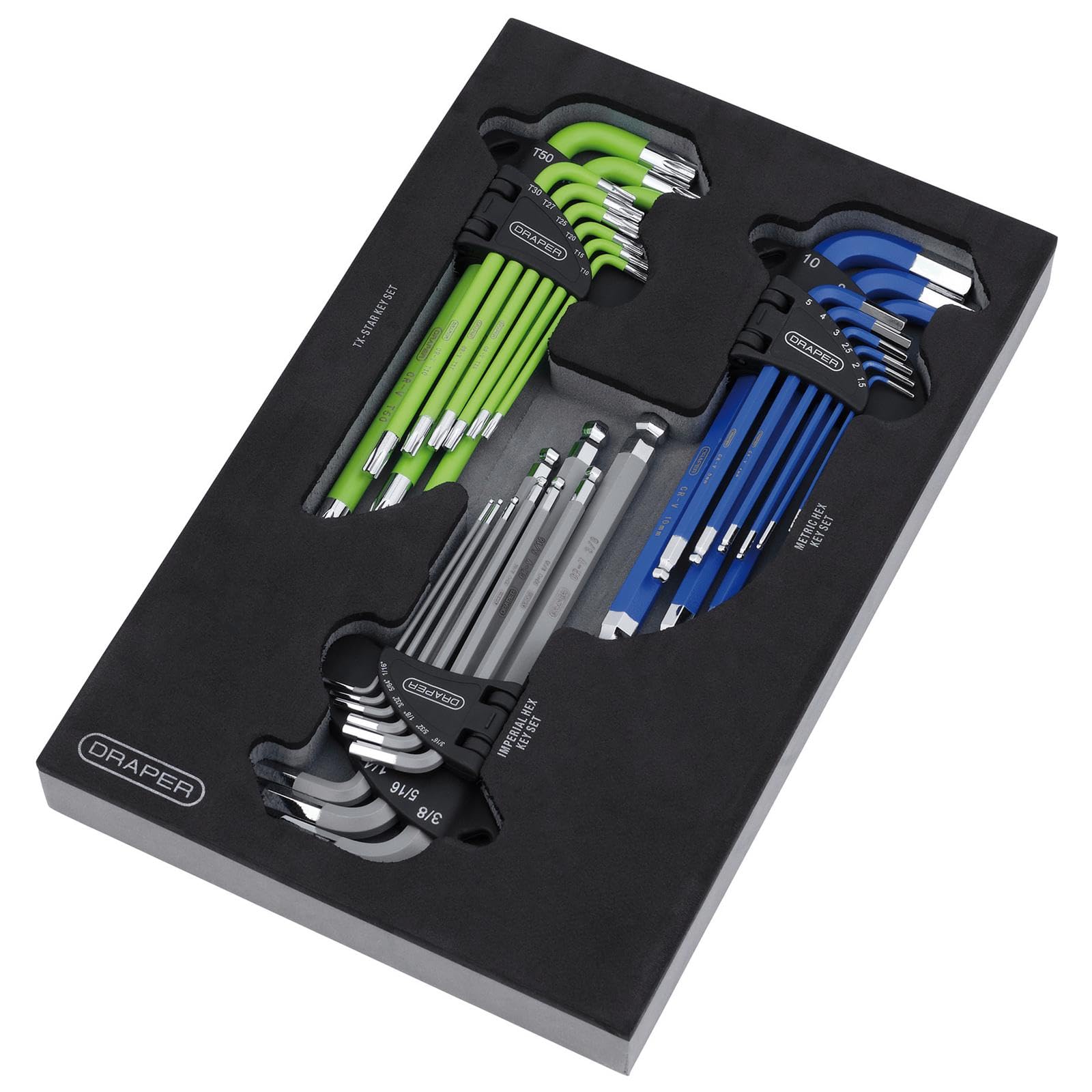 Draper 12822 TX-Star®, Imperial & Metric Ball End Hex Key Sets in EVA Storage Tray (27 Piece)