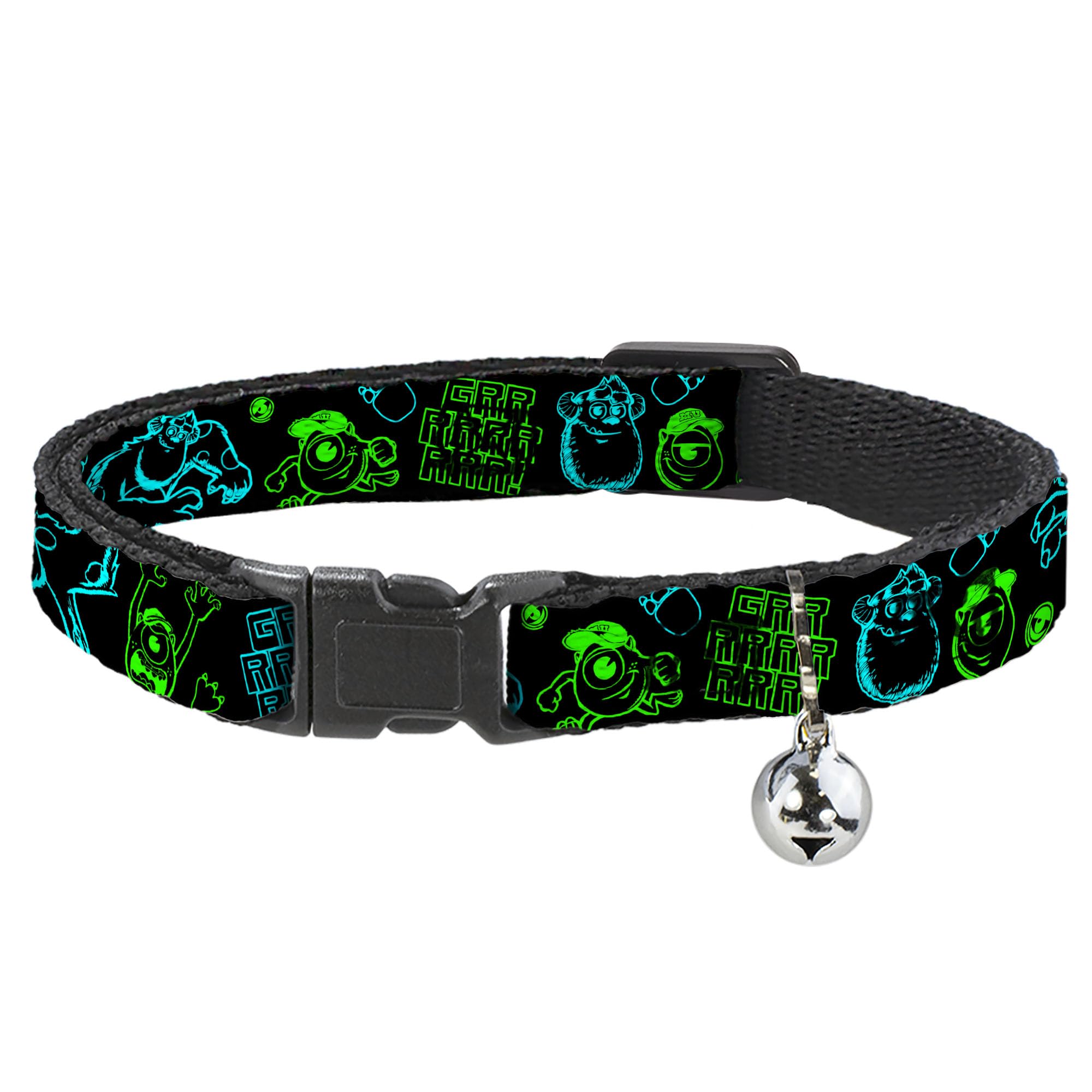 Collar para gato Monsters Inc de Buckle-Down, cinta de 1/2" negro y verde ajustable para cuello grande