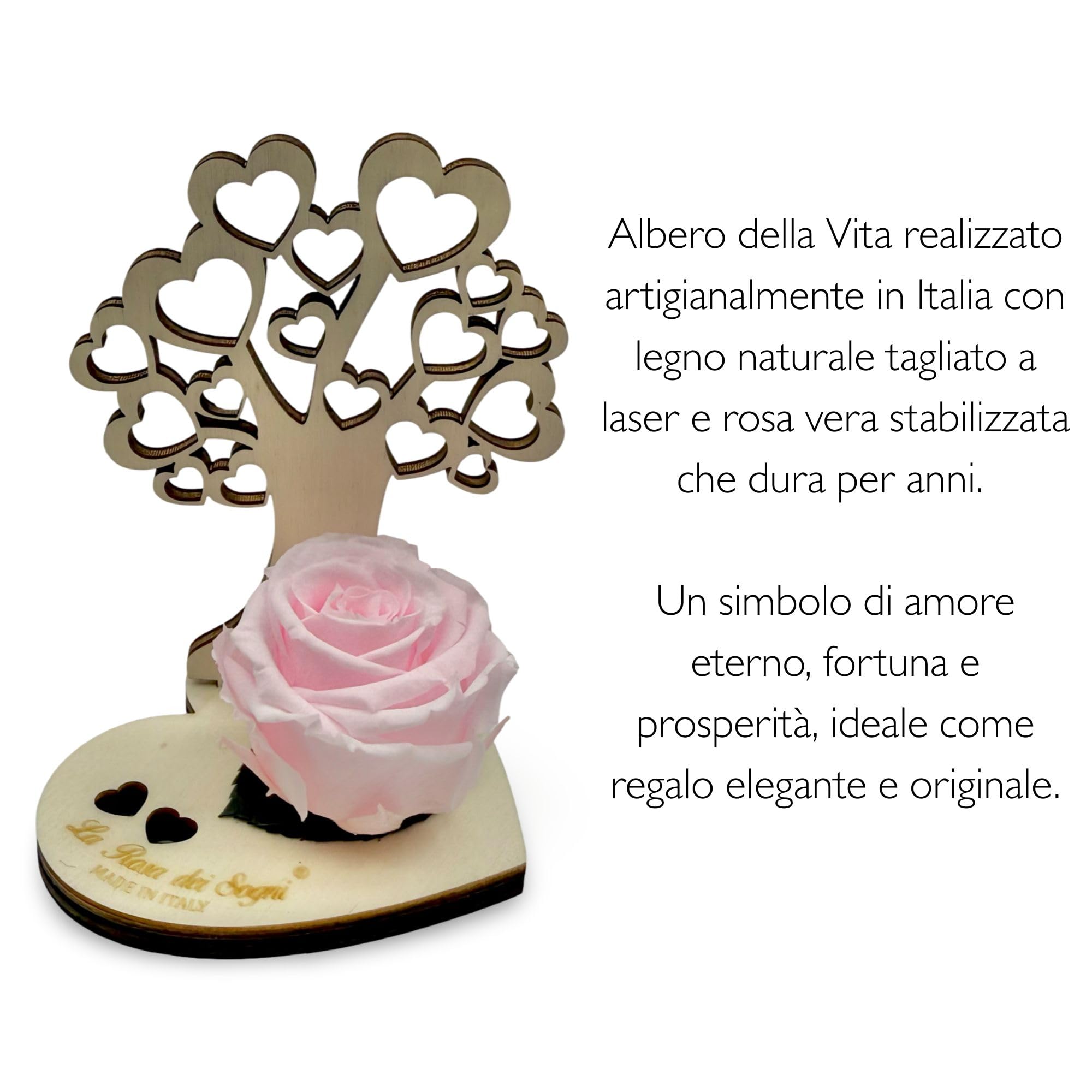 Rosa Stabilizzata con Albero della Vita in Legno – Fiore Naturale a Lunga Durata, Intaglio Laser e Scatola Elegante – Idea Regalo Simbolica Made in Italy (Rosa)