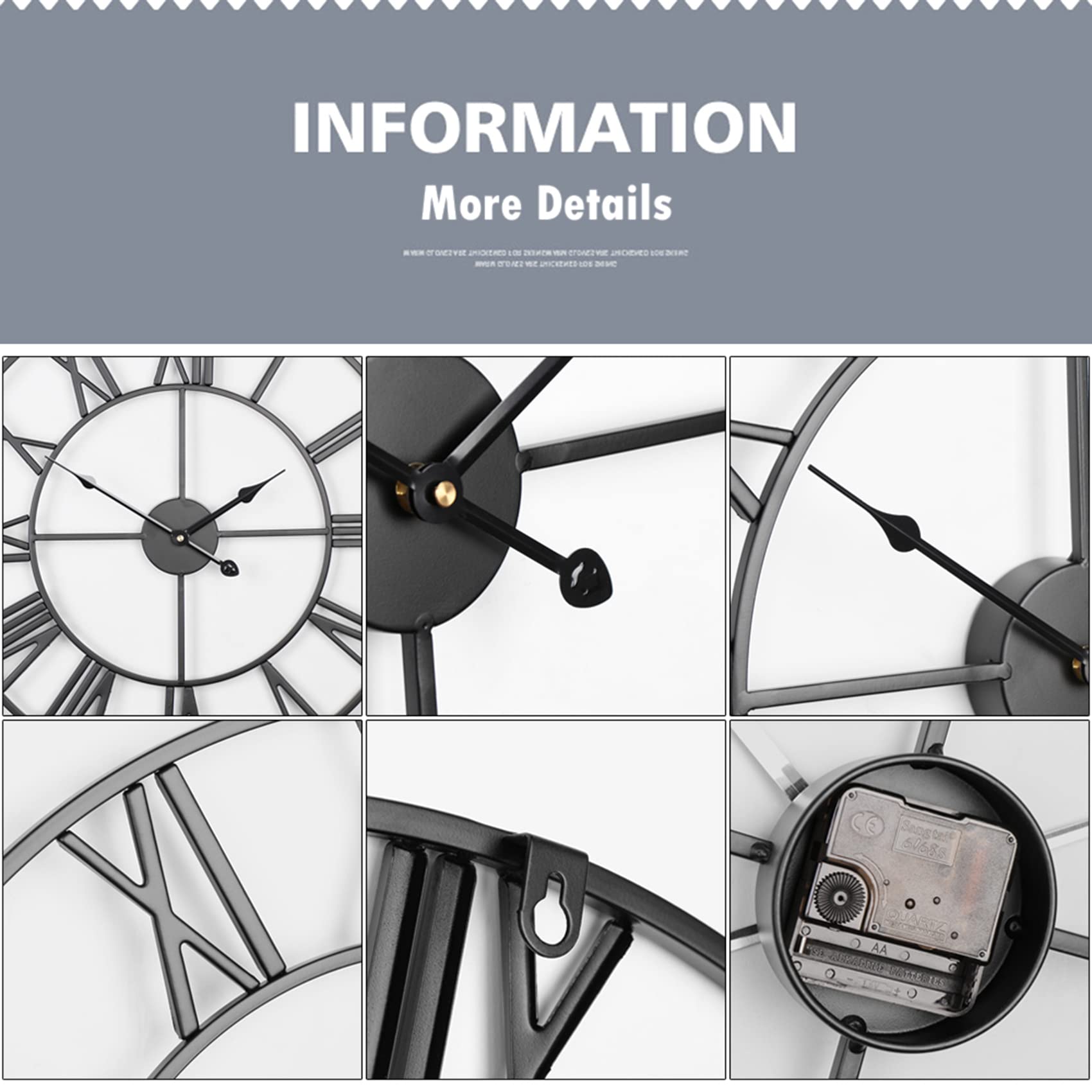 ZXCVB Reloj de Pared Grande 3D de 40/47/60/80cm, Reloj de Pared de Metal Hueco Redondo Retro, Reloj de números silencioso Moderno, decoración de jardín Interior y Exterior para el hogar,Negro,60cm