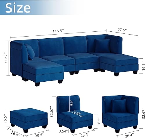 Miniatura 2 de Vongrasig Sofá modular de 6 piezas con diván reversible de terciopelo en forma de U, sofá modular grande de 6 asientos, sofá modular grande con