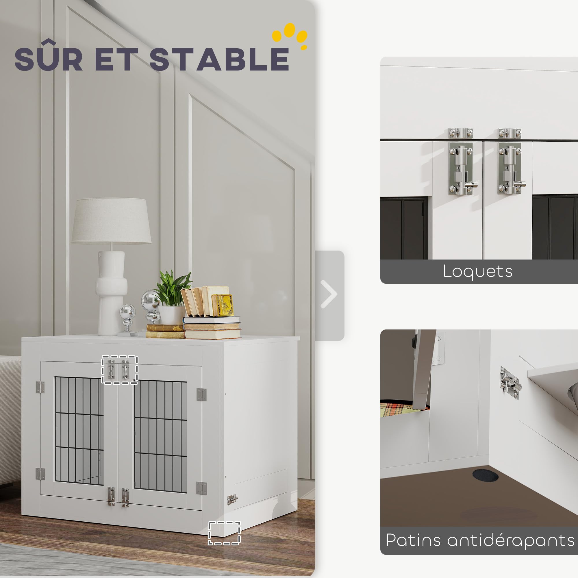 PawHut - Jaula para perro interior, caja para perro de madera, 2 cuencos giratorios 360°, 2 puertas, mesa auxiliar, tamaño mediano hasta 20 kg, 80 x 60 x 63 cm, color blanco