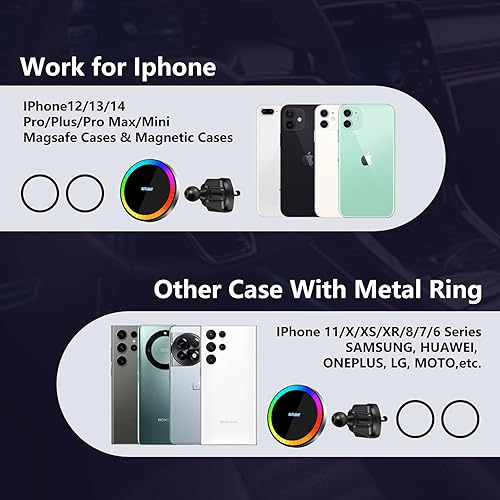 Miniatura 6 de Soporte magnético de cargador de coche inalámbrico de 15 W con LED colorido, se pega en el tablero para MagSafe iPhone 1414 Pro14 Max1313 Pro13 Pro