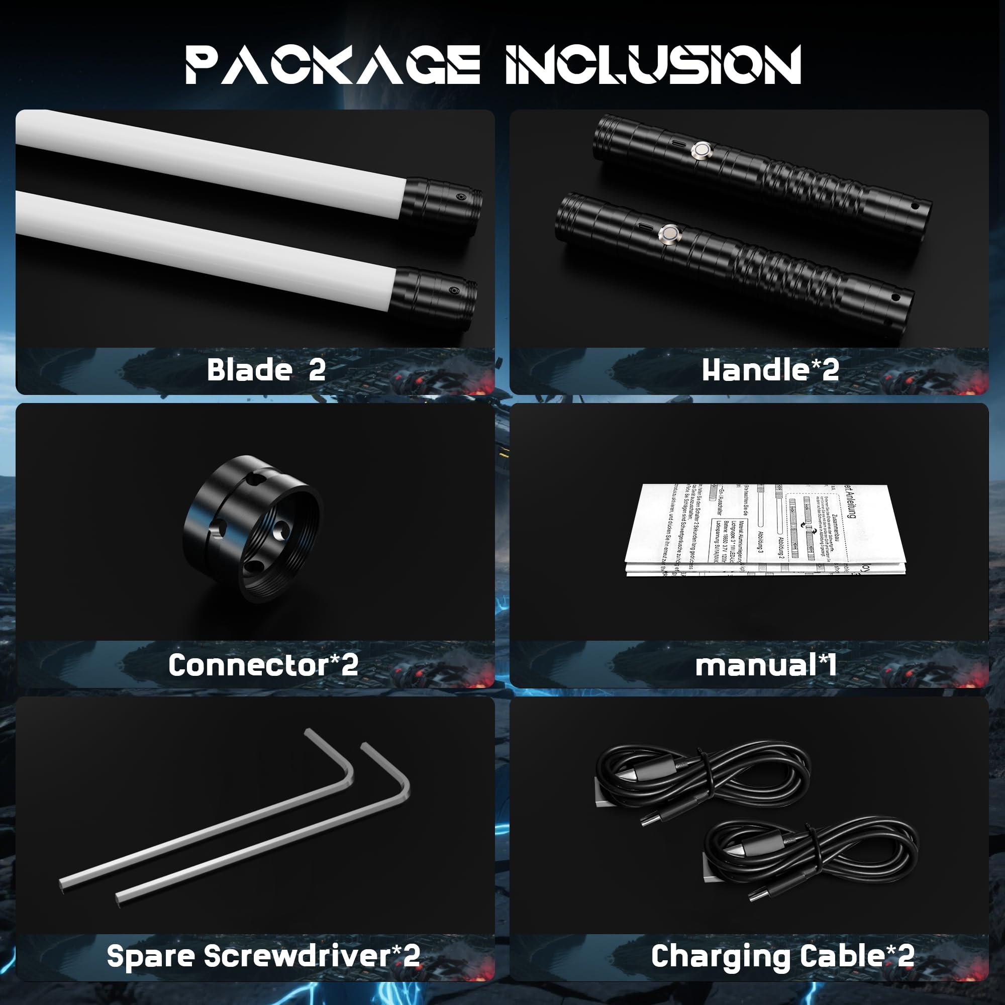 Sabre Laser-2 Pièces Lightsaber RGB 15 Couleurs Rechargeable USB-C - Effets Sonores FX, 4 Modes de Duel, Épées Laser Connectables en Métal - Jouet Cosplay Film, Halloween (2 Pc Noir 78cm)