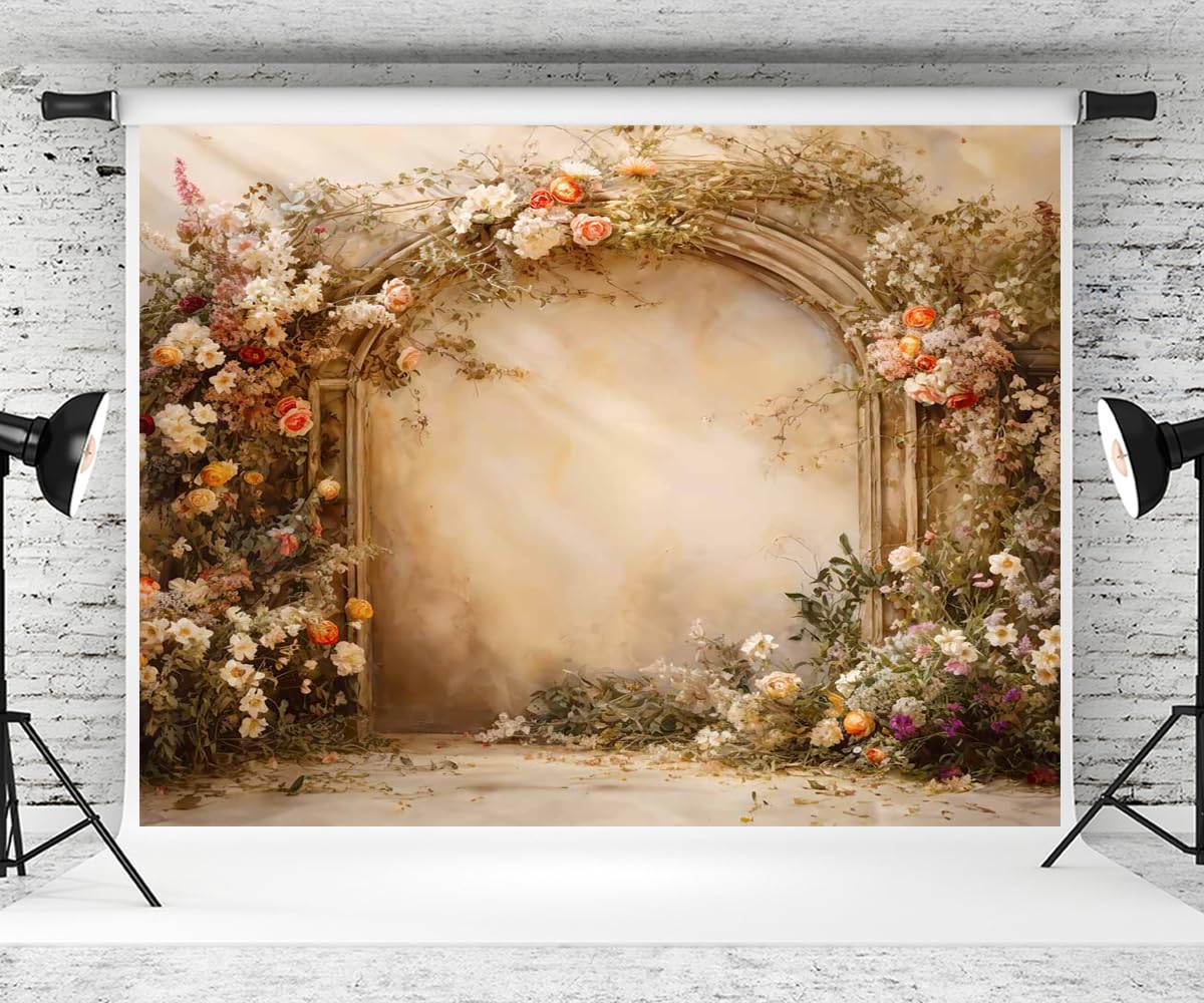 Kate Telón de fondo de pared con arco de piedra de flores marrones de 10 x 10 pies, para fotografía de maternidad, interior, accesorios de estudio para fotos y videos