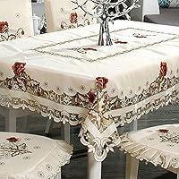 LeLehome 57" Square Embroidered Tablecloth Vintage Floral Tassel Beige Rufous Red Rose Dining Table Cover