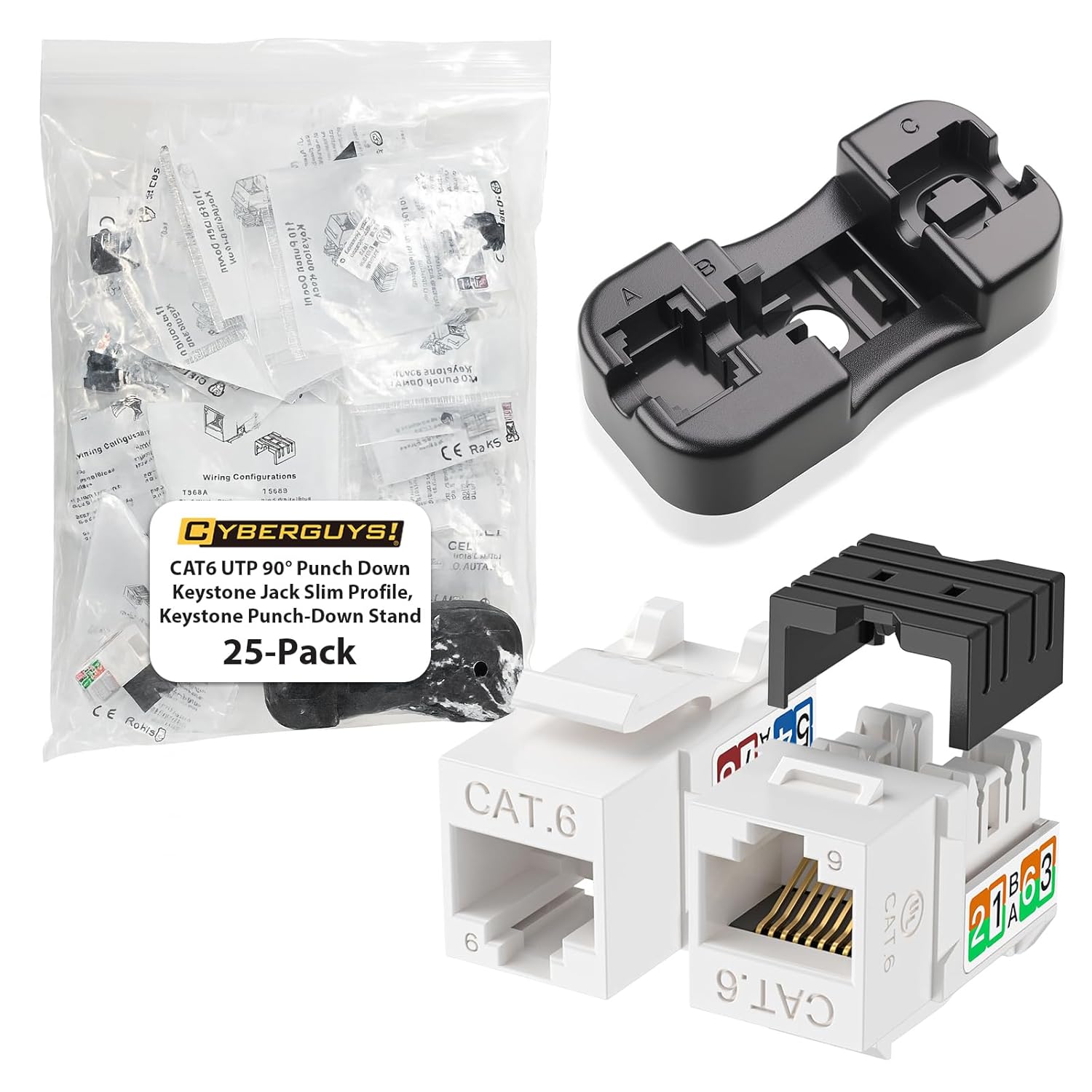 Cyberguys! 90° Cat6 Keystone Jacks, 10Gbps RJ45 Connectors Cat 6 Keystone Jack Adapter Slim Profile 90° Angled Speed Termination Tool for Patch Panels & Wall Plates, 25-Pack