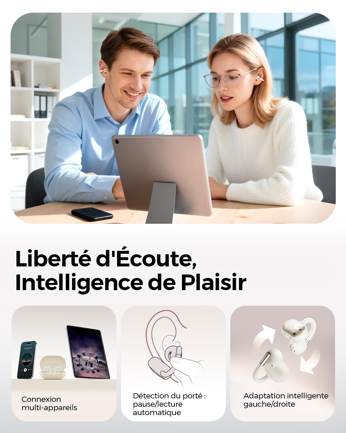 SoundPEATS Clip1 Écouteurs Ouverts à Clipser avec Audio Dolby de qualité supérieure, Pilotes de 12 mm, sécurisés, légers, étanches IPX5, Charge Rapide, jusqu'à 40 Heures de Lecture, Bluetooth 5.4