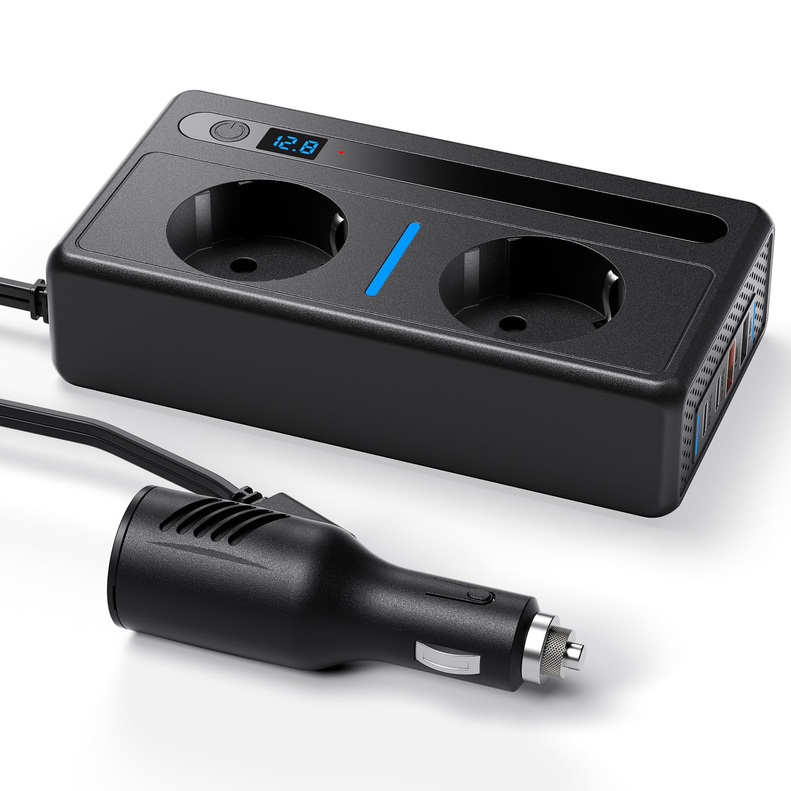 Auto Spannungswandler 300W, Wechselrichter DC 12V auf AC 230V Schnellladung Autoladegerät mit Zigarettenanzünderstecker 7-Port Ladegerät mit 2 Steckdosen 2 USB-Anschlüsse 2 Typ-C-Anschlüsse