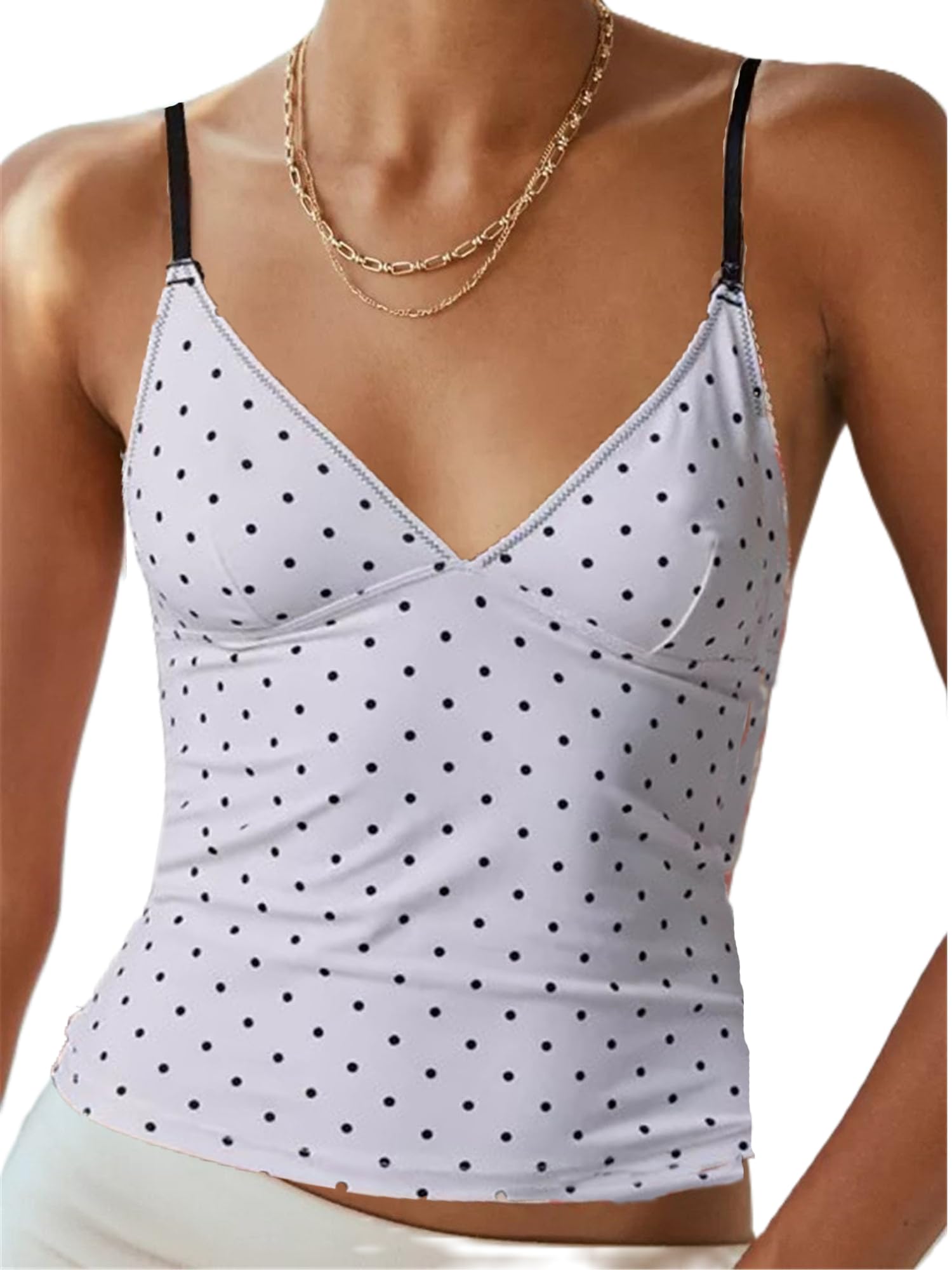 YILEEGOO Women Spaghetti Strap V Neck Camisole Casual Slim Fit Lace Trim Crop Tank Tops Polka Dots/Floral/Plaid Print Backless Vest Tops (White Polka Dots, S)
