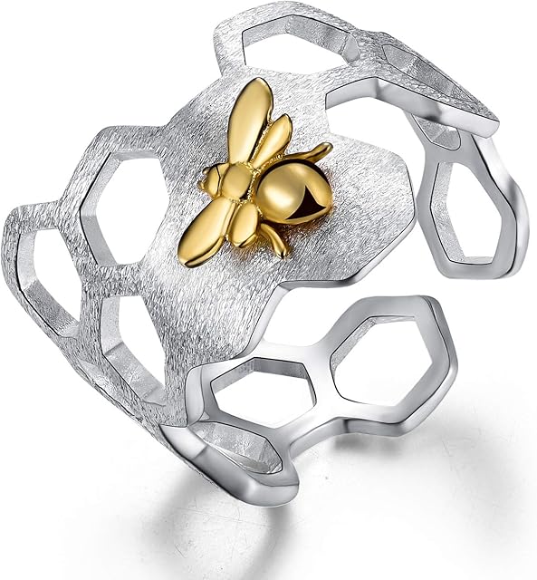 Springlight Valentines Gifts for Her S925 Sterling Silver Honeycomb Bee Rings Thumb Ring Open Ring Honeycomb Bee Rings Handmade Jewelry Gifts for Women, Birthday Gifts for Women.