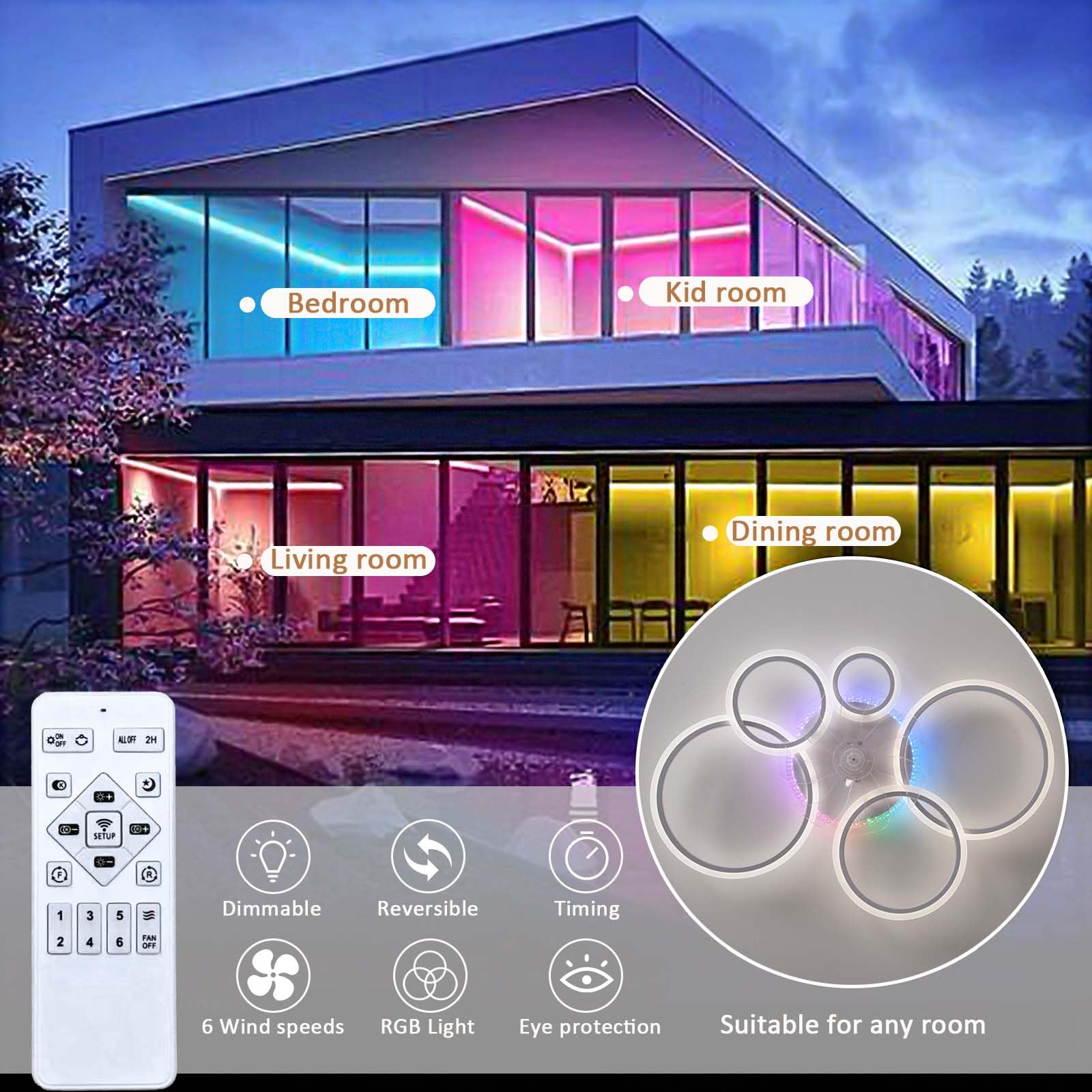 RGB Deckenventilator Mit Beleuchtung LED Dimmbar Schlafzimmer Leise Lampe Mit Ventilator Mit Fernbedienung Reversibel 6-Gang Timing Deckenlampe Mit Ventilator Wohnzimmer Φ 95cm, Weiß
