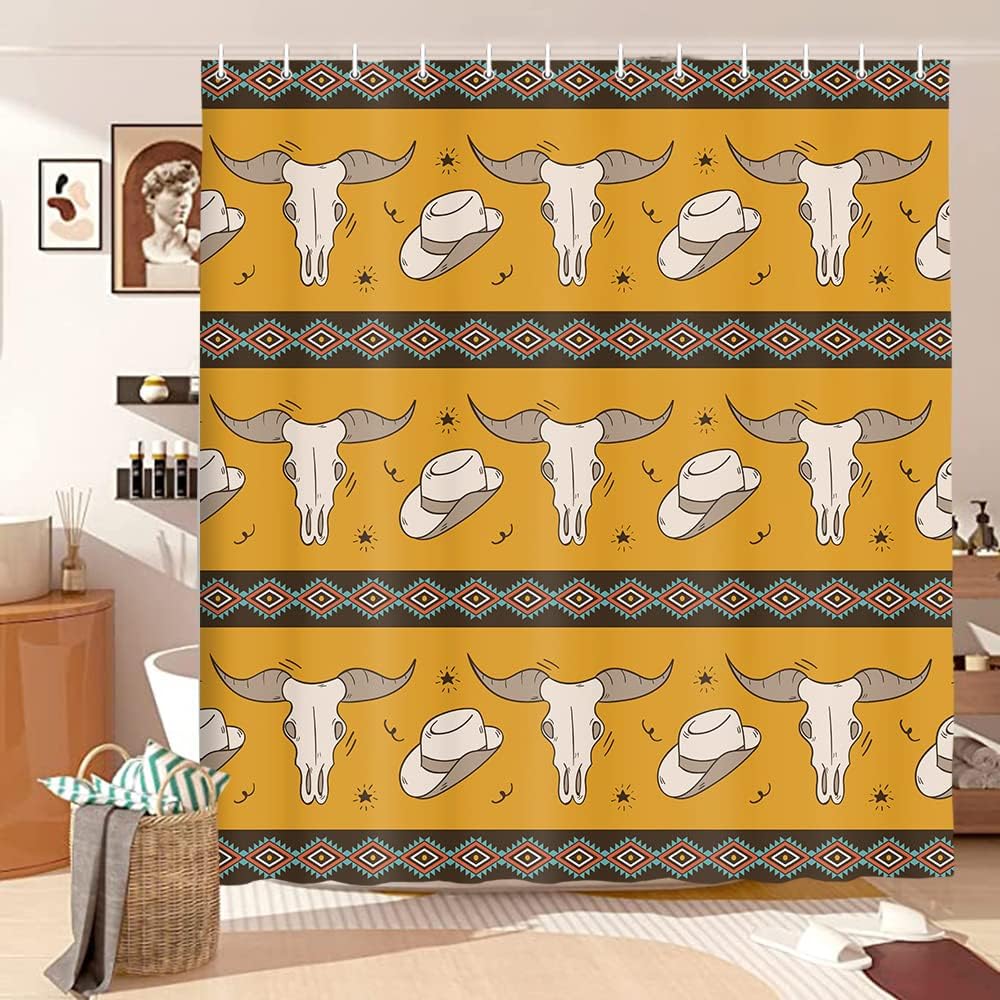 DYNH Western Boho Shower Curtain Western Cow Skull Shower Curtains Vintage Wild West