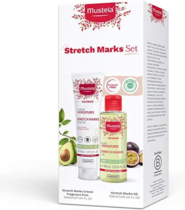 Conjunto de estrías de maternidad - Cuidado natural de la piel durante el embarazo - Contiene crema para estrías y aceite para el vientre - EWG verificado y sin fragancias - Conjunto de 2 artículos