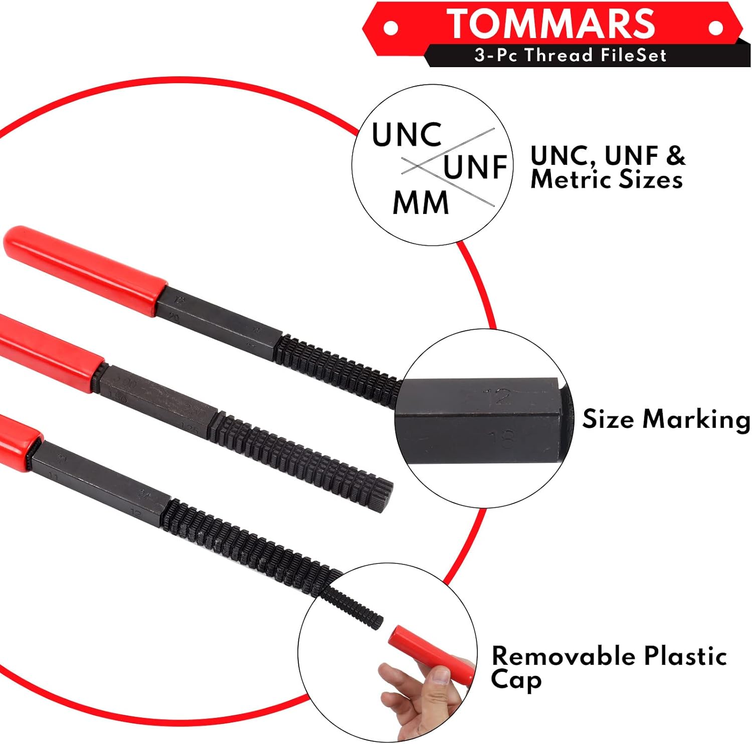TOMMARS 3-Pc Thread File Set, SAE & Metric Thread Restorer Files, Thread Chaser Repair Tool for Damaged External Threads