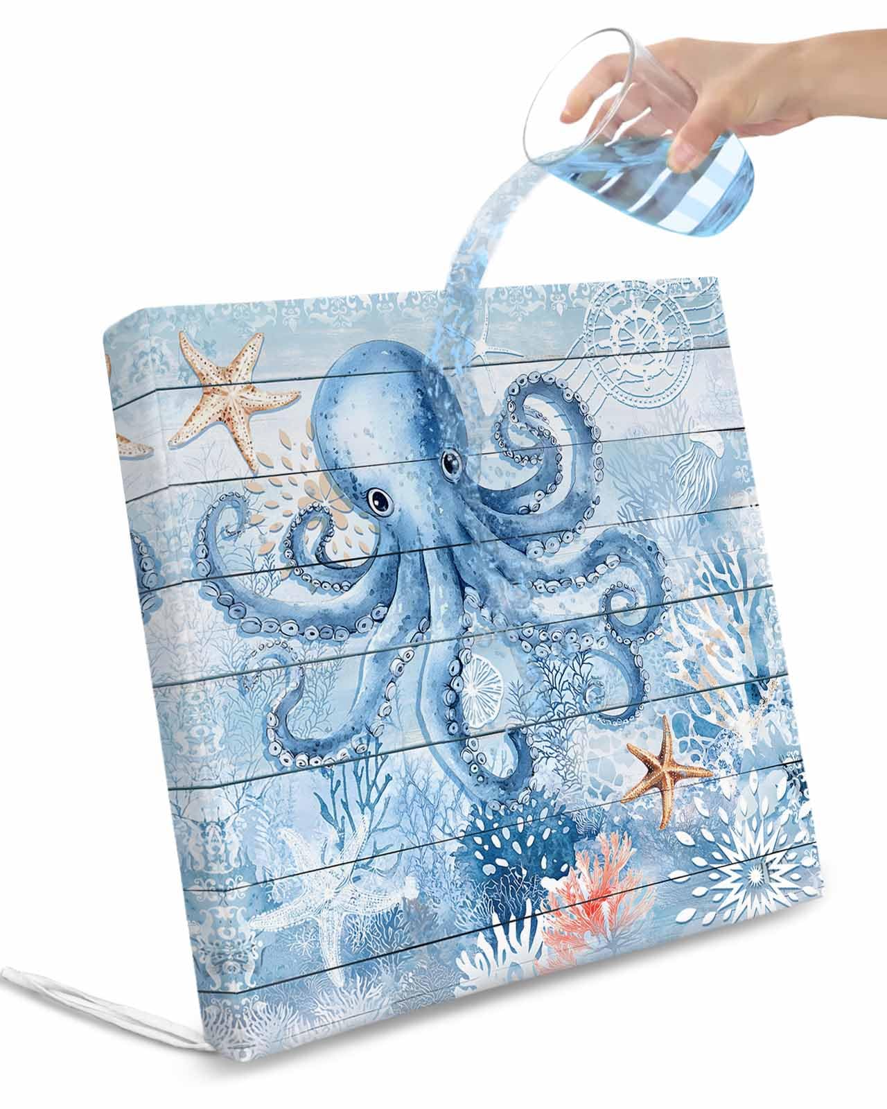 Blue Coastal Octopus Outdoor Cushion Chair Cover Set of 2 - Waterproof Couch Seat Covers, Beach Ocean Nautical Starfish Coral Patio Furniture Protector Cushions Slipcovers for Sofa/RV, 22