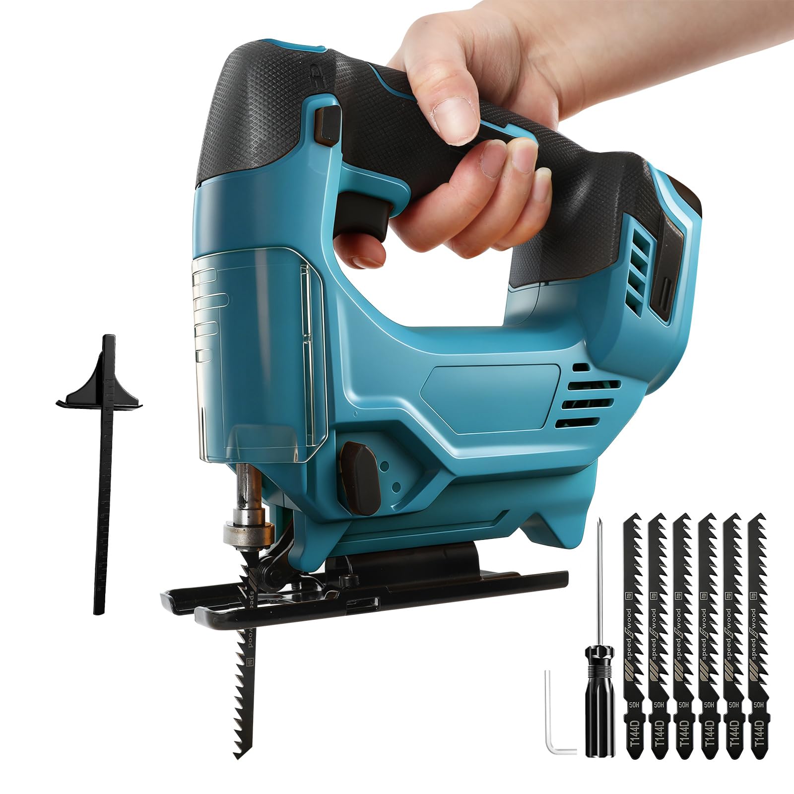 Cordless Jigsaw for Makita 18V, Brushless Electric Orbital Jigsaw, 4 Orbital Setting, ±45° Bevel Cut, 26 mm Cutting Stroke, 6Pcs T-Shank Blades for Wood Plastic Metal (No Battery) (Blue,for Makita)
