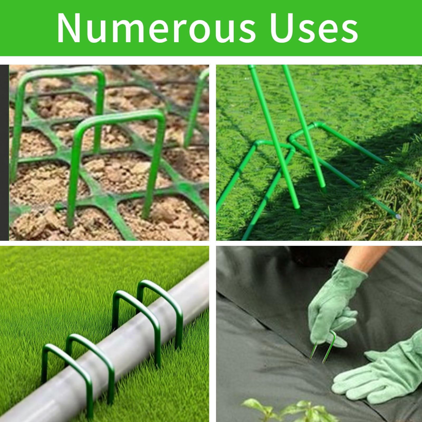 50 estacas de césped artificial verde + 50 arandelas amortiguadoras con 1 gancho para púa, 1 par de guantes de jardín para tela de barrera de malezas, cubierta del suelo, valla de sujeción y césped