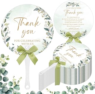 FYSUIMU 50Pcs Wedding Hand Plastic Fans with Bow Handheld Wedding Favors Fans for Guests Eucalyptus Leaf Thank You Double Sided Sage Green for Anniversary Bridal Shower Party