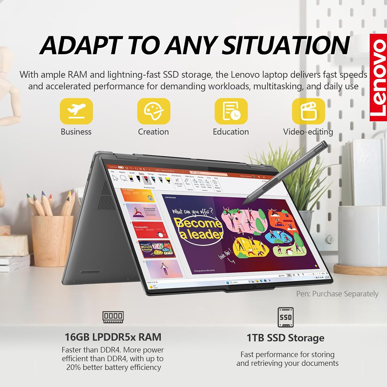 Lenovo Yoga 7i 2 in 1 Laptop Touchscreen Computer, 16" 2K IPS Touch Screen Convertible Copilot+ AI PC, Intel Core Ultra 5, 16GB DDR5 512GB SSD Windows 11 Pro, Backlit Keyboard, Fingerprint,Thunderbolt