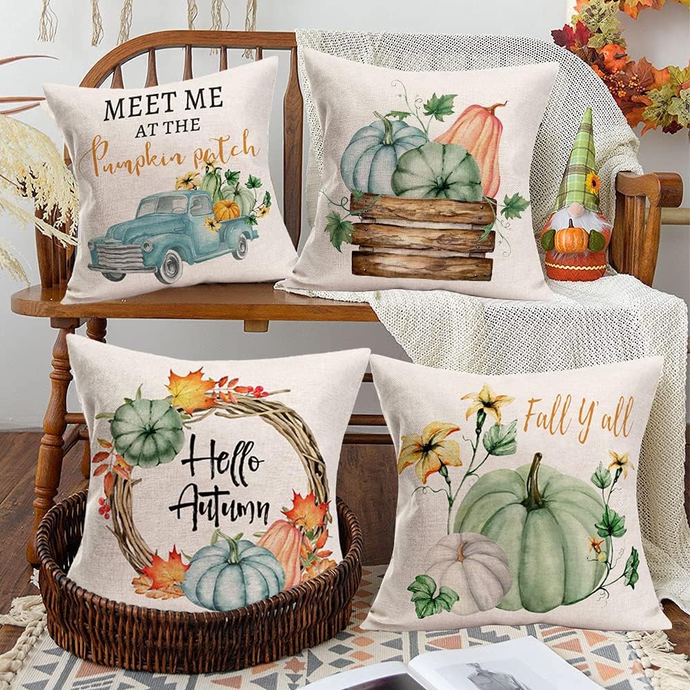 Fukeen Pumpkin Home Fall Decor Throw Pillow Covers 22x22 Inch Set of 4 Autumn Harvest Maple Leaf Flower with Blue Truck Rustic Farmhouse Decorations Pillow Cases Thanksgiving Cotton Linen