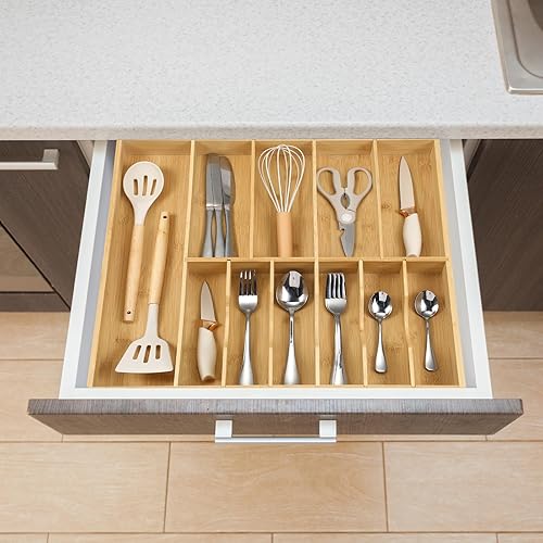 Miniatura 5 de Fabsome Organizador de cubiertos para cajones de cocina, bandeja de cubiertos de madera de bambú de 2.5 pulgadas de profundidad y 18.8 pulgadas de