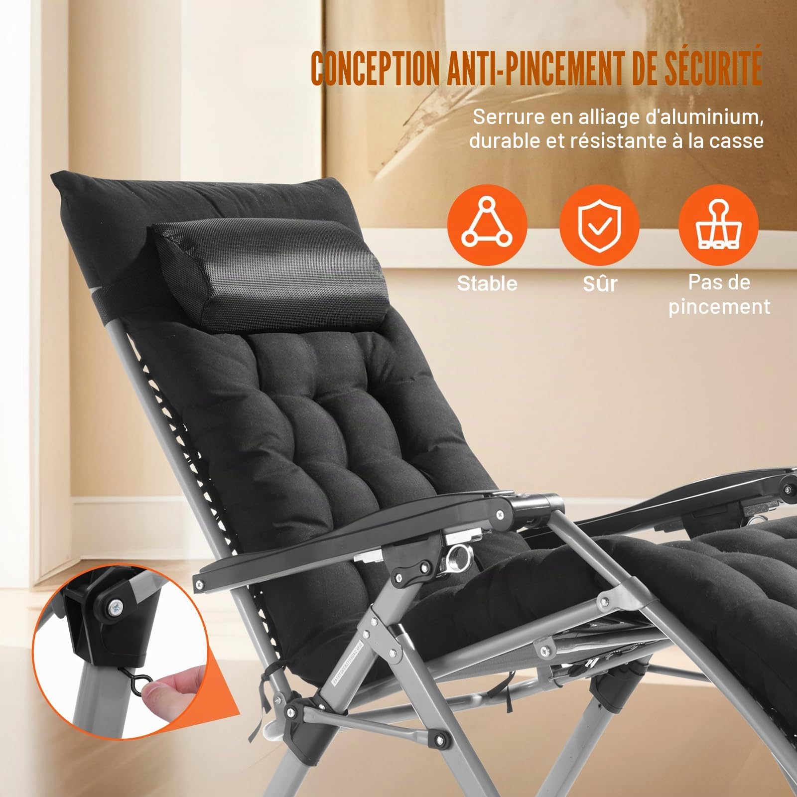 VEVOR Fauteuil Inclinable Zéro Gravité, 645 mm, Transat Relax Jardin pour Intérieur Extérieur, Chaise Longue Anti-gravité Réglable avec Coussin, Appui-tête, Repose-pieds, Porte-gobelet, 226,8 kg, Noir