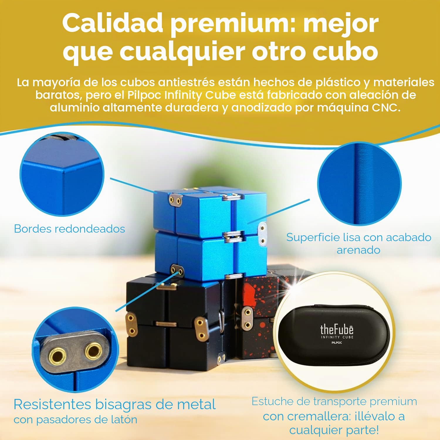 PILPOC Infinity Cube Fidget - Cubo mágico infinito de aluminio de con estuche exclusivo, resistente, pesado, alivia el estrés y la ansiedad, para TDAH, TOC (negro)