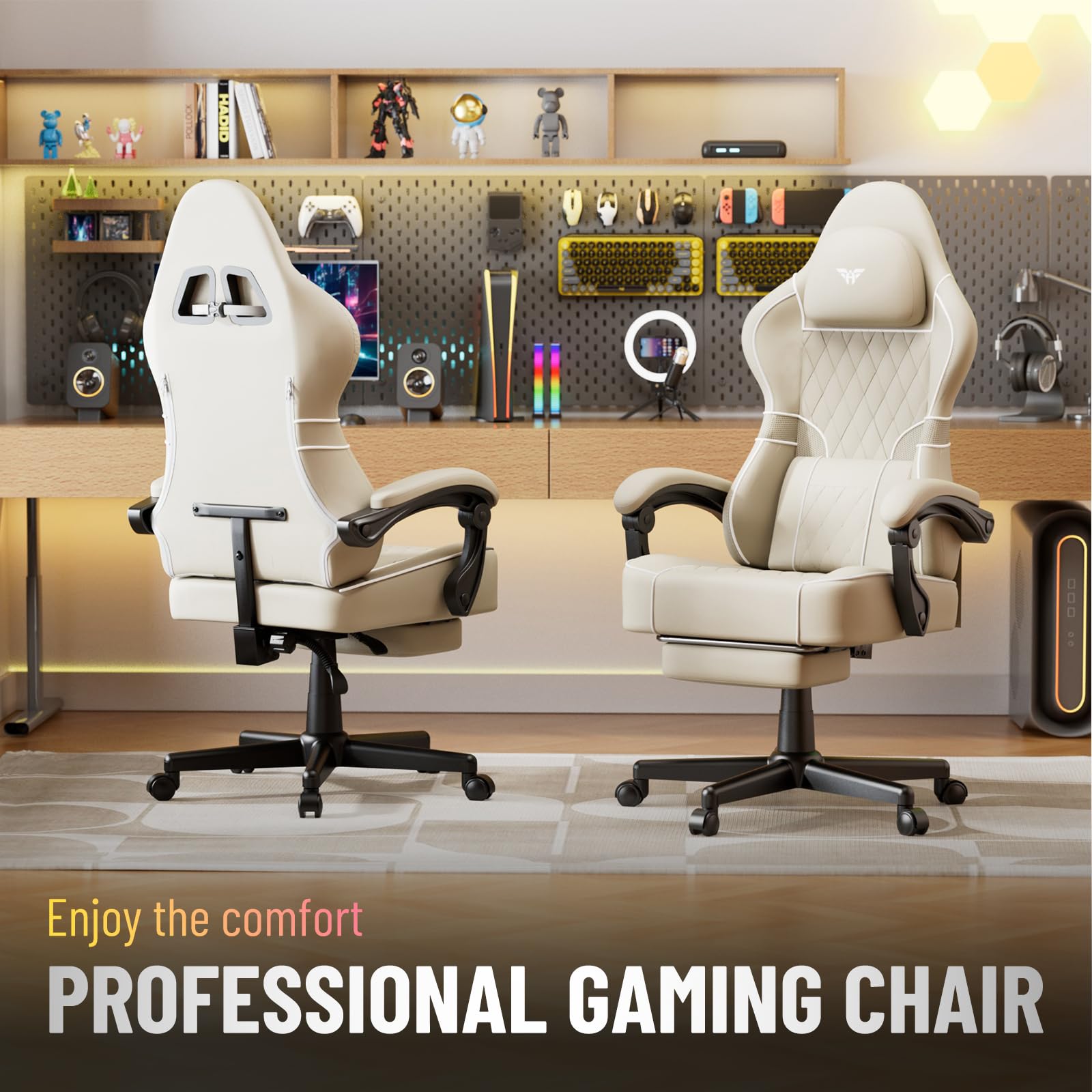 Huracan Chaise Gaming, Fauteuil Gamer avec Massage, Gaming Chair Ergonomique pour PU, Siège de Bureau Gaming réglable et pivotante à 360°, Chaise Gamer avec Repose-Pieds, Beige