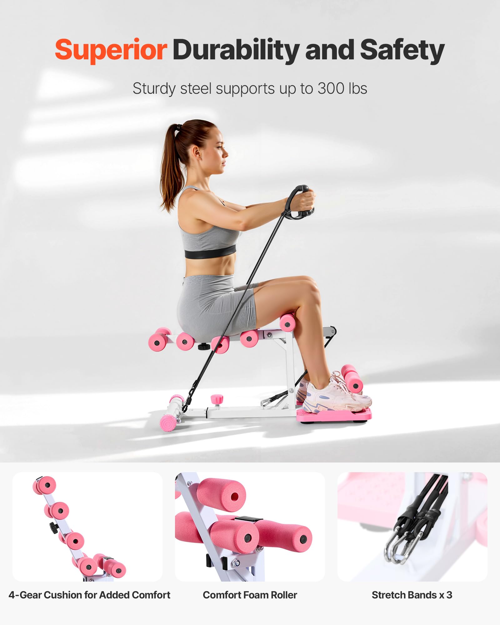VEVOR Máquina de Sentadillas Profundas Ajustable, con 3 Bandas de Resistencia, Entrenador de Core y Glúteos Plegable, para Gimnasio en Casa, Rosa y Blanco, Carga de 136 kg, 800 x 400 x 760 mm