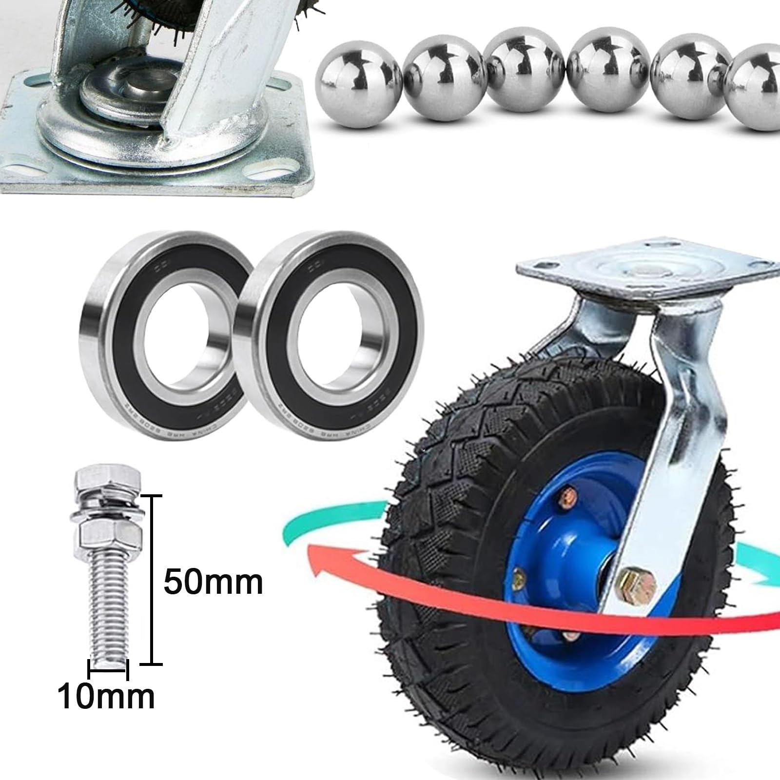 Ruedas giratorias para Transporte de Muebles, Ruedas fijas silenciosas, 6, 8 y 10 Pulgadas, Ruedas de Goma de Repuesto Resistentes, 2 Piezas, con Frenos, Ruedas para carretillas ma